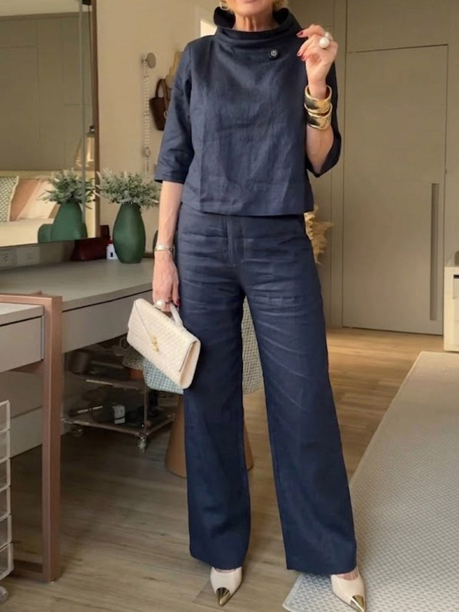 Women's Solid-color Stand-collar 3/4-sleeve Casual Loose Cotton-linen Top & High-waisted Wide-leg Pants Set