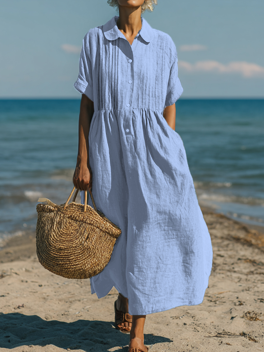 Women's Casual Cotton and Linen Peter Pan Collar Short Sleeve Dress