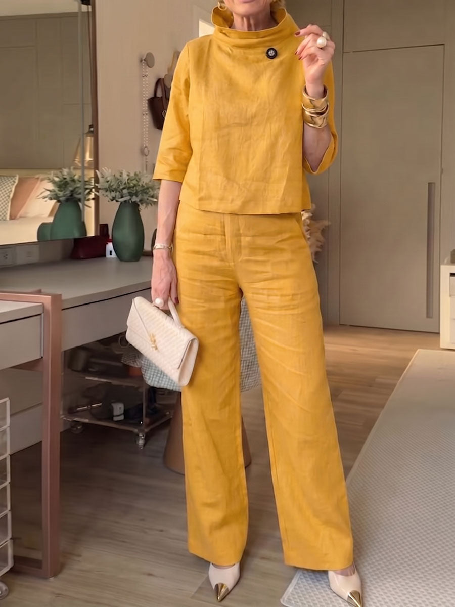 Women's Solid-color Stand-collar 3/4-sleeve Casual Loose Cotton-linen Top & High-waisted Wide-leg Pants Set