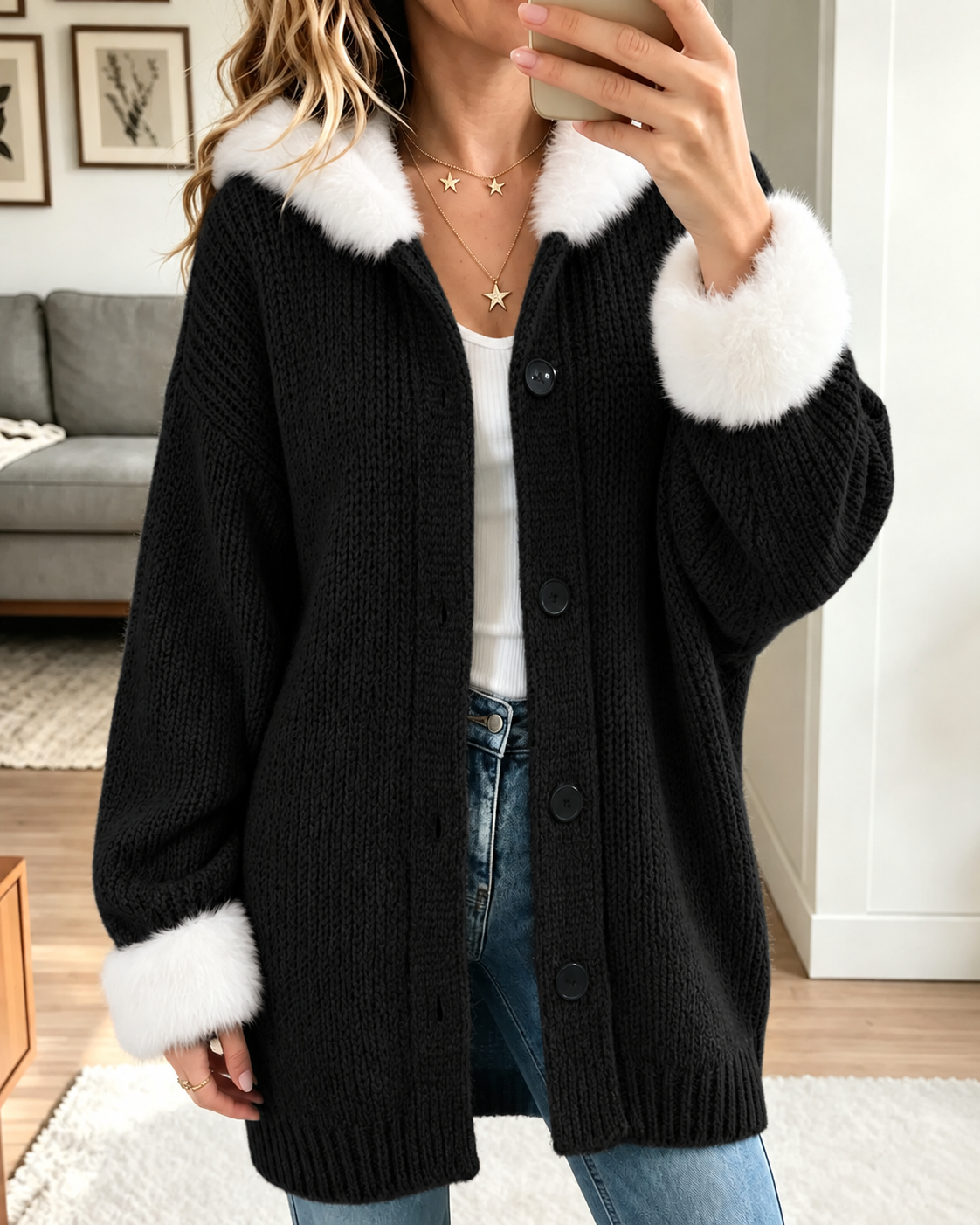 Women Faux Fur Collar Knit Cardigan, Button Down Loose Warm Sweater Coat for Fall Winter