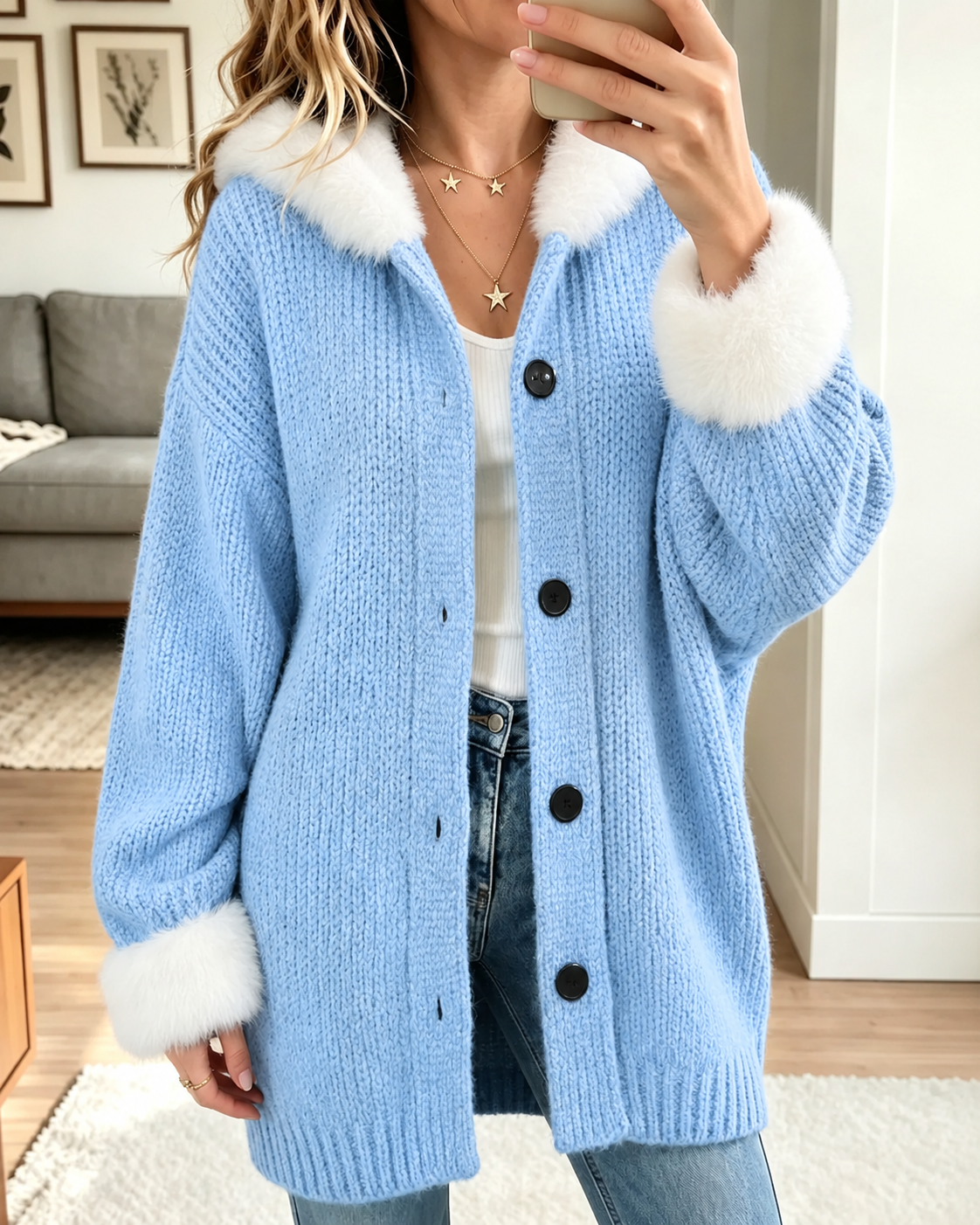 Women Faux Fur Collar Knit Cardigan, Button Down Loose Warm Sweater Coat for Fall Winter