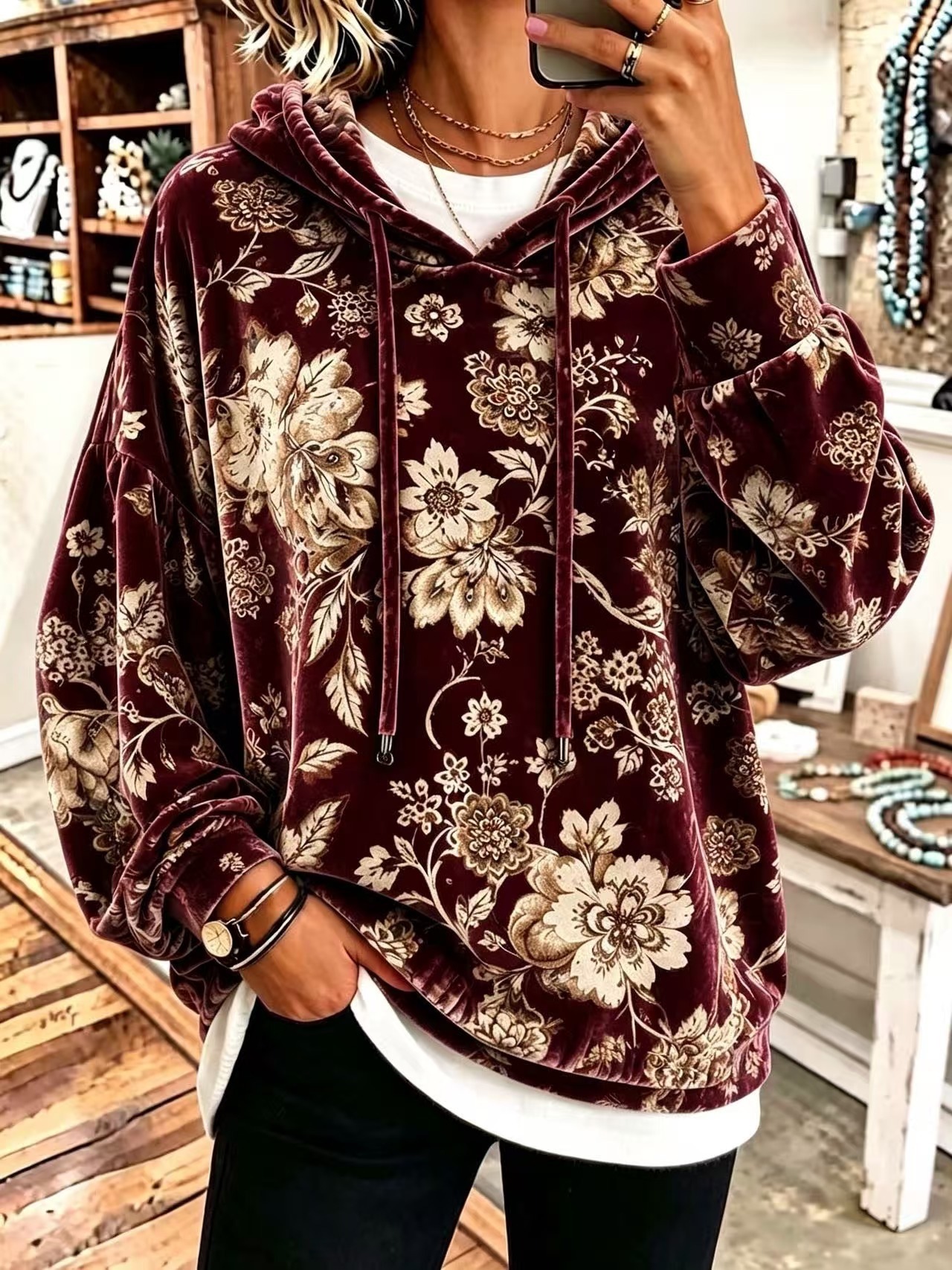 Vintage Floral Velour Drawstring Hoodie product image 3