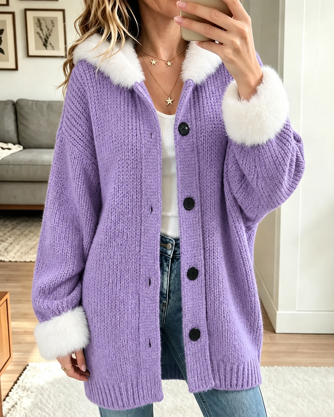 Women Faux Fur Collar Knit Cardigan, Button Down Loose Warm Sweater Coat for Fall Winter