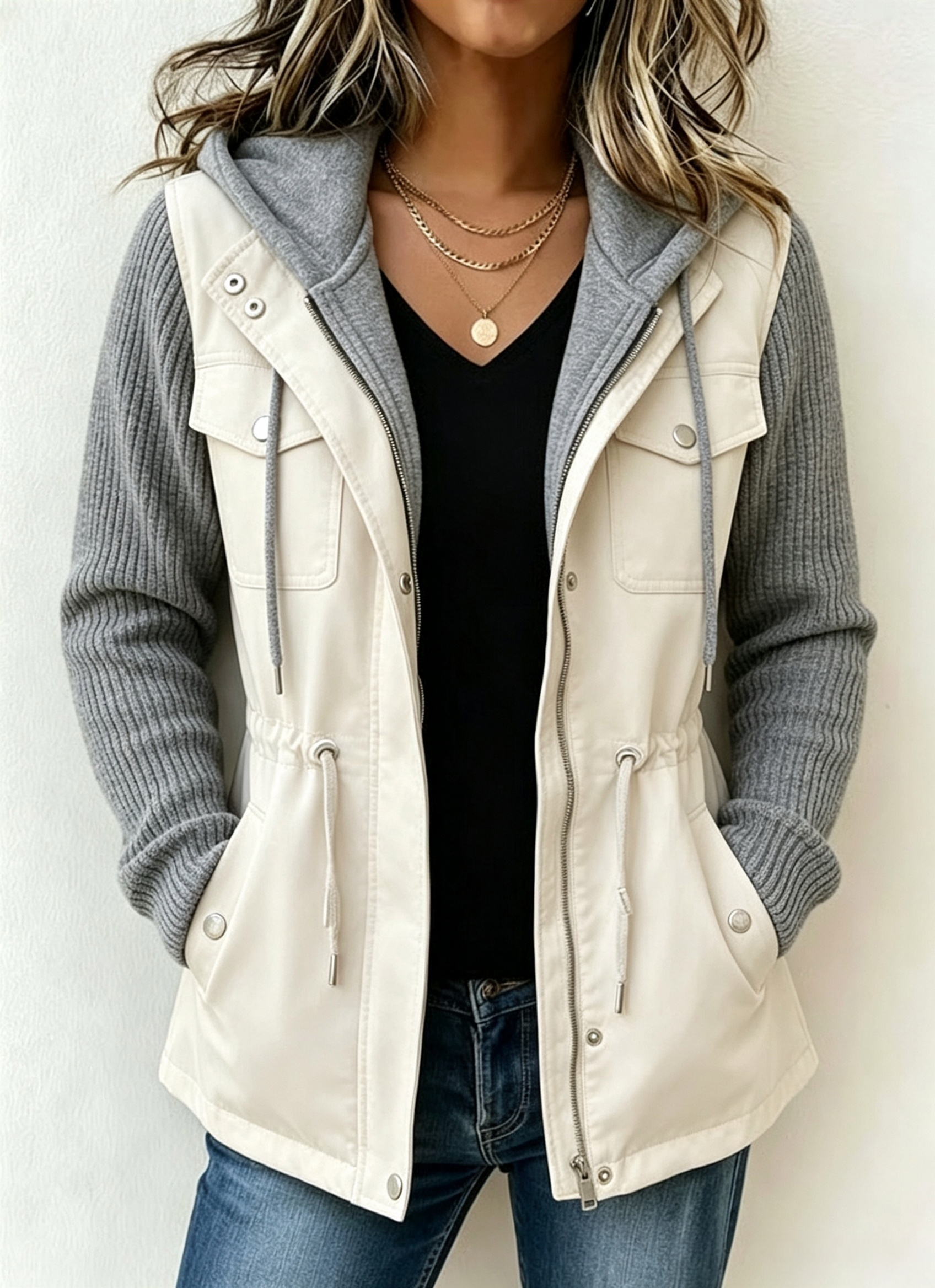 Drawstring Hooded Contrast Sleeve Jacket product image 5