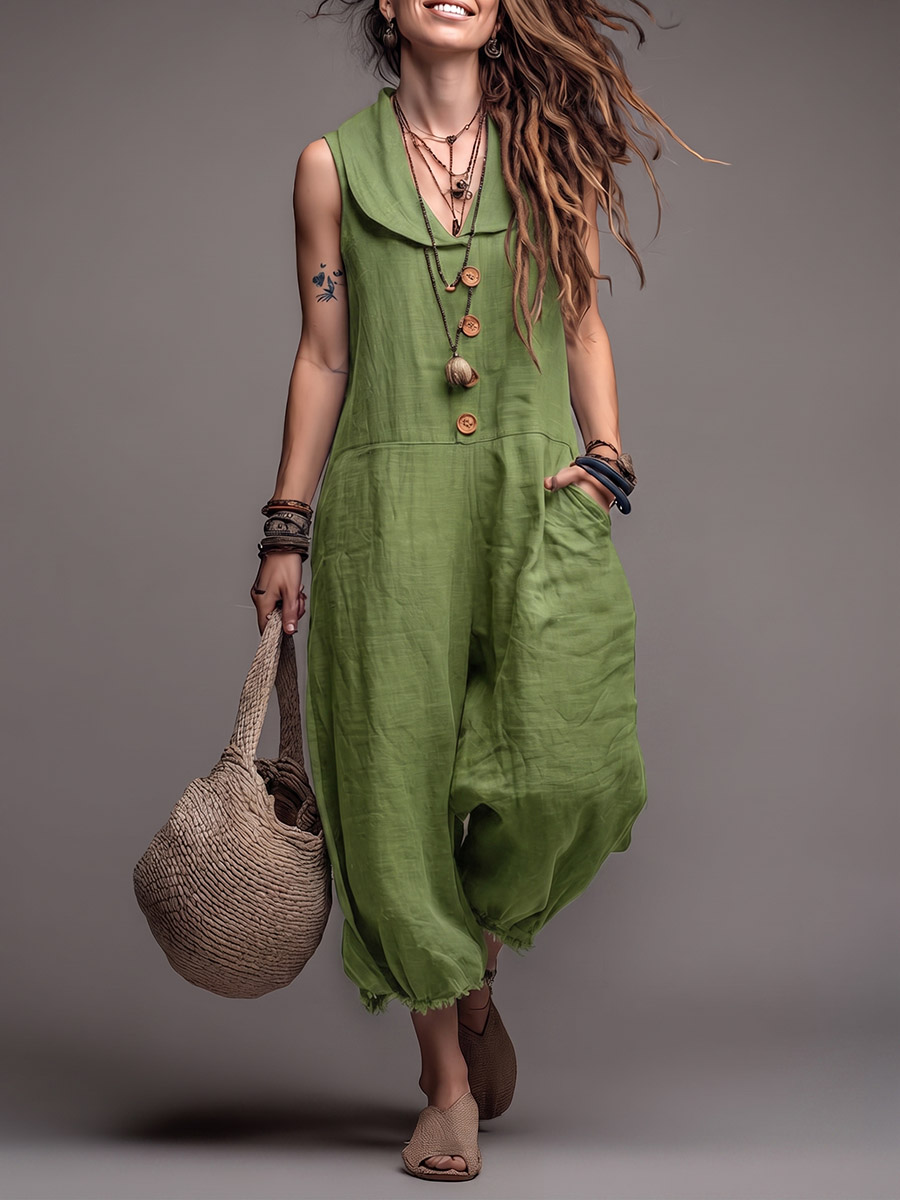 Women's Solid-color Sleeveless Wide-leg Jumpsuit With Peter Pan Collar — Casual Loose-fit Cotton-linen Blend