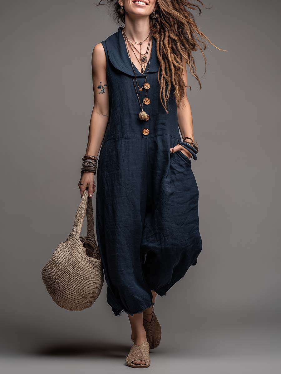 Women's Solid-color Sleeveless Wide-leg Jumpsuit With Peter Pan Collar — Casual Loose-fit Cotton-linen Blend