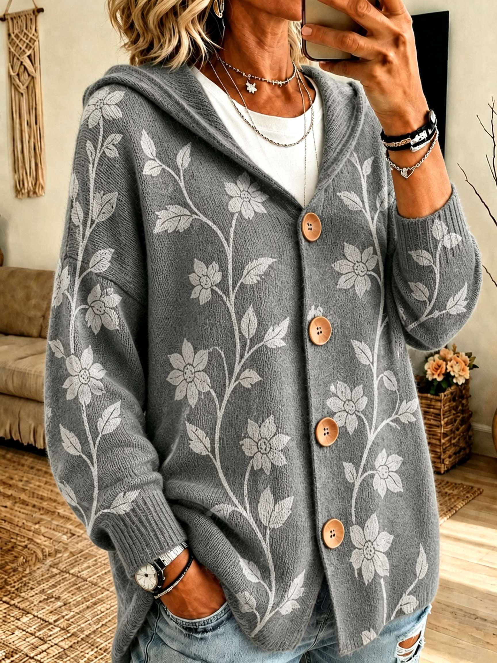 Floral Print Button Hooded Cardigan product image 5