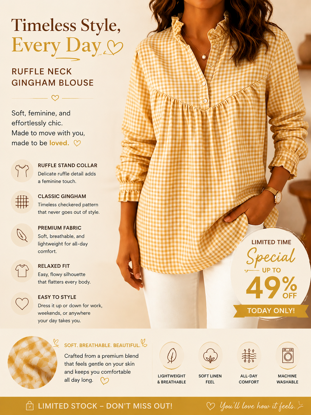 Limited-Time Offer: 49% OFF🔥 Women’s Cotton Linen Gingham Shirt