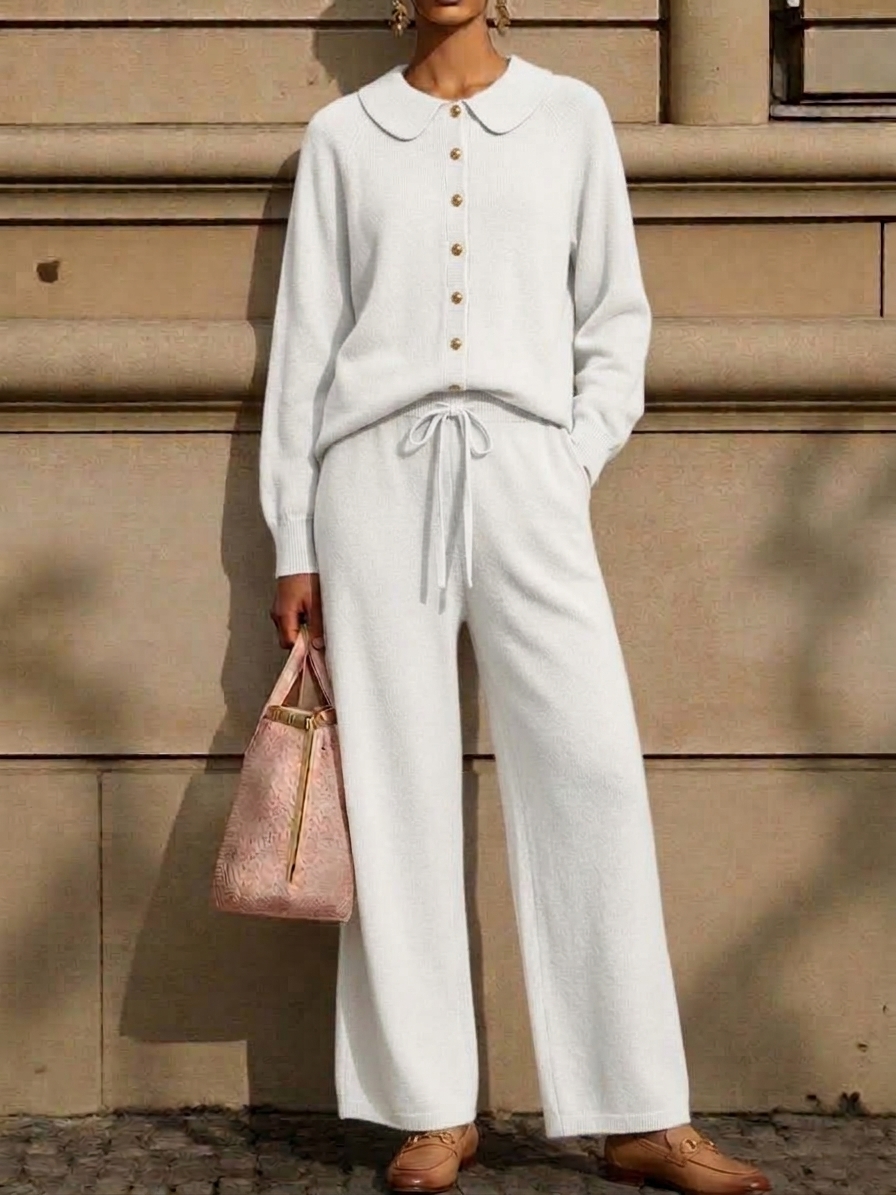 White color option, matching cardigan and trousers