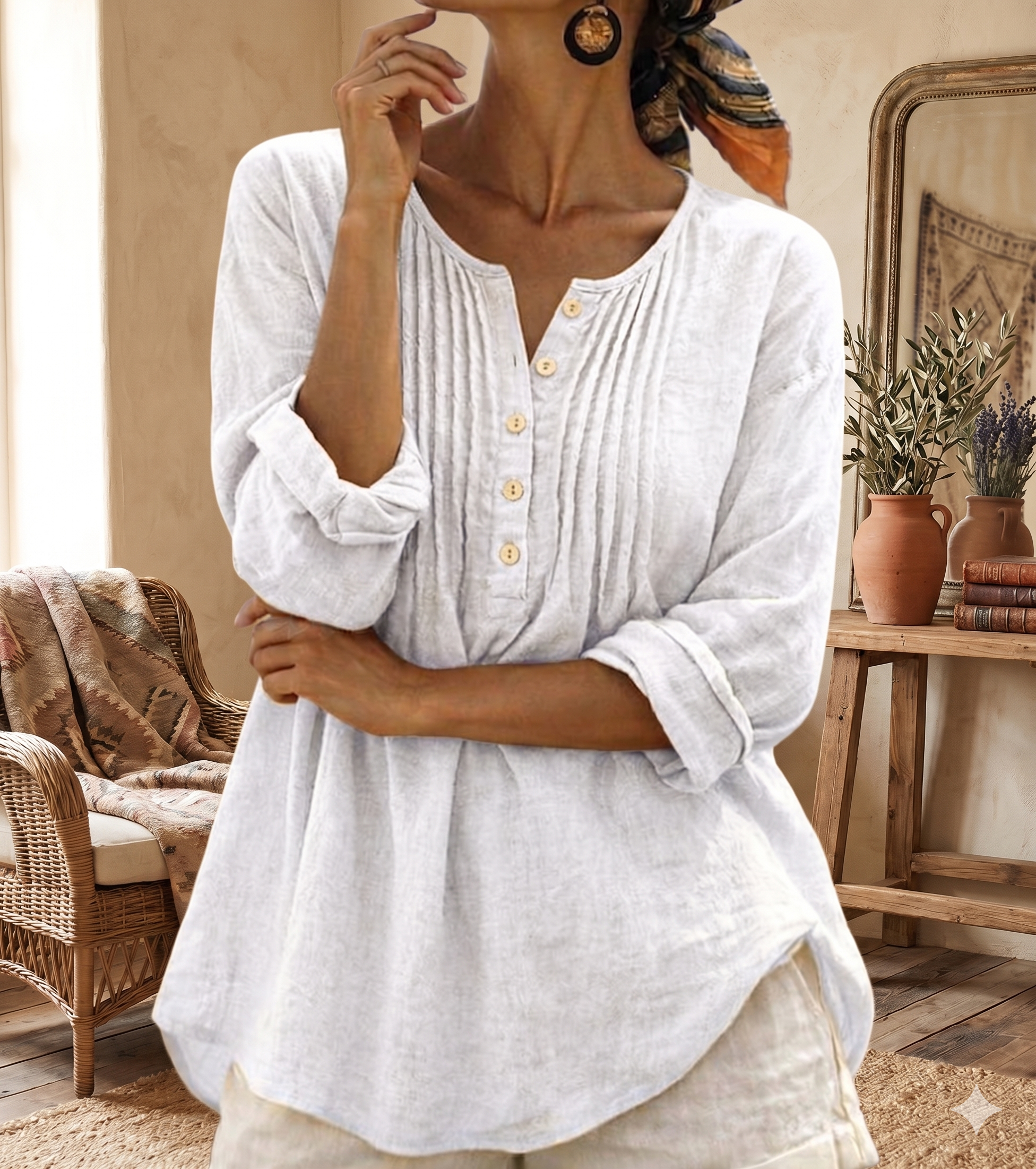 Women’s Pintuck Button-Front Linen-Blend Blouse  