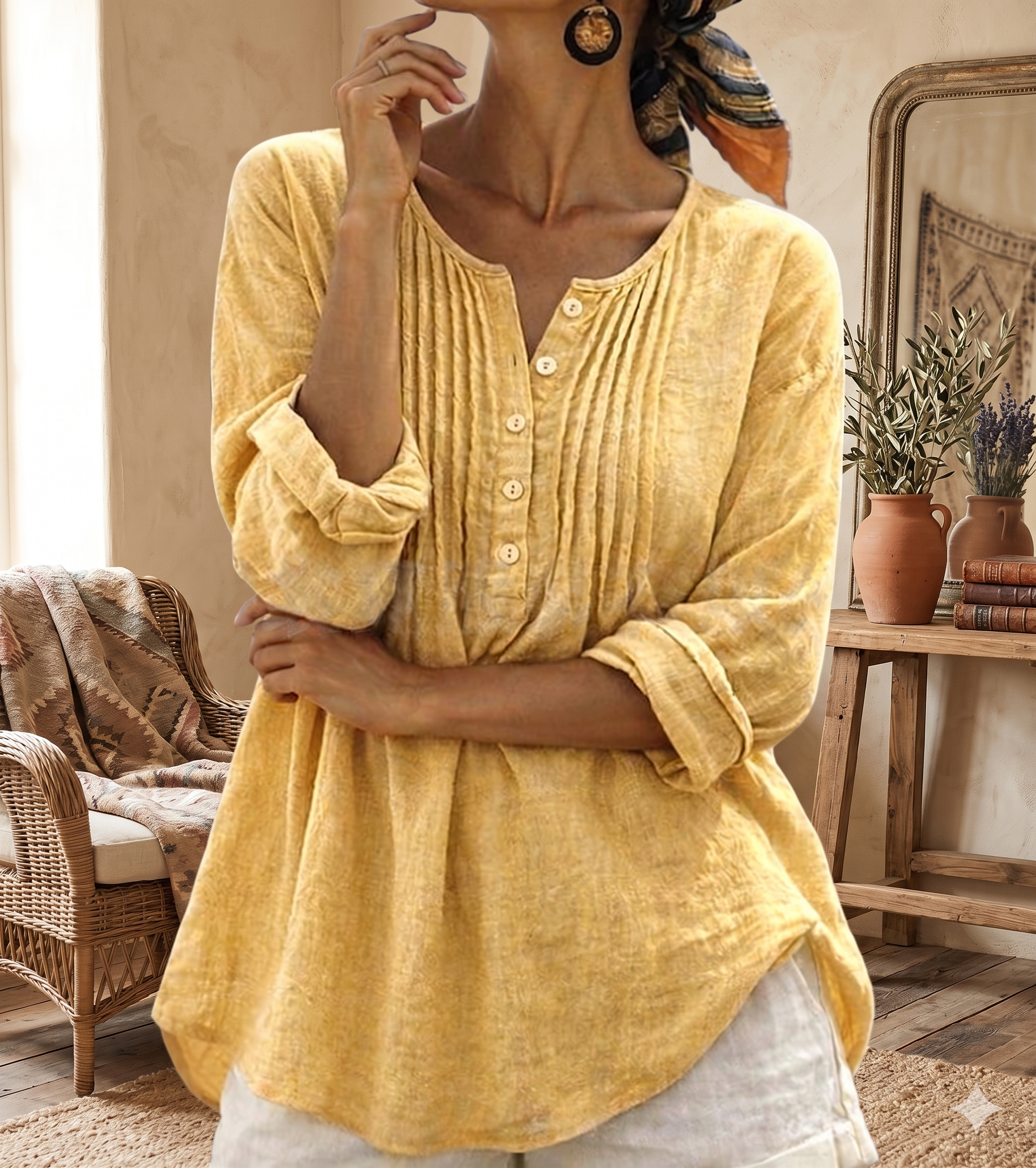 Women’s Pintuck Button-Front Linen-Blend Blouse  