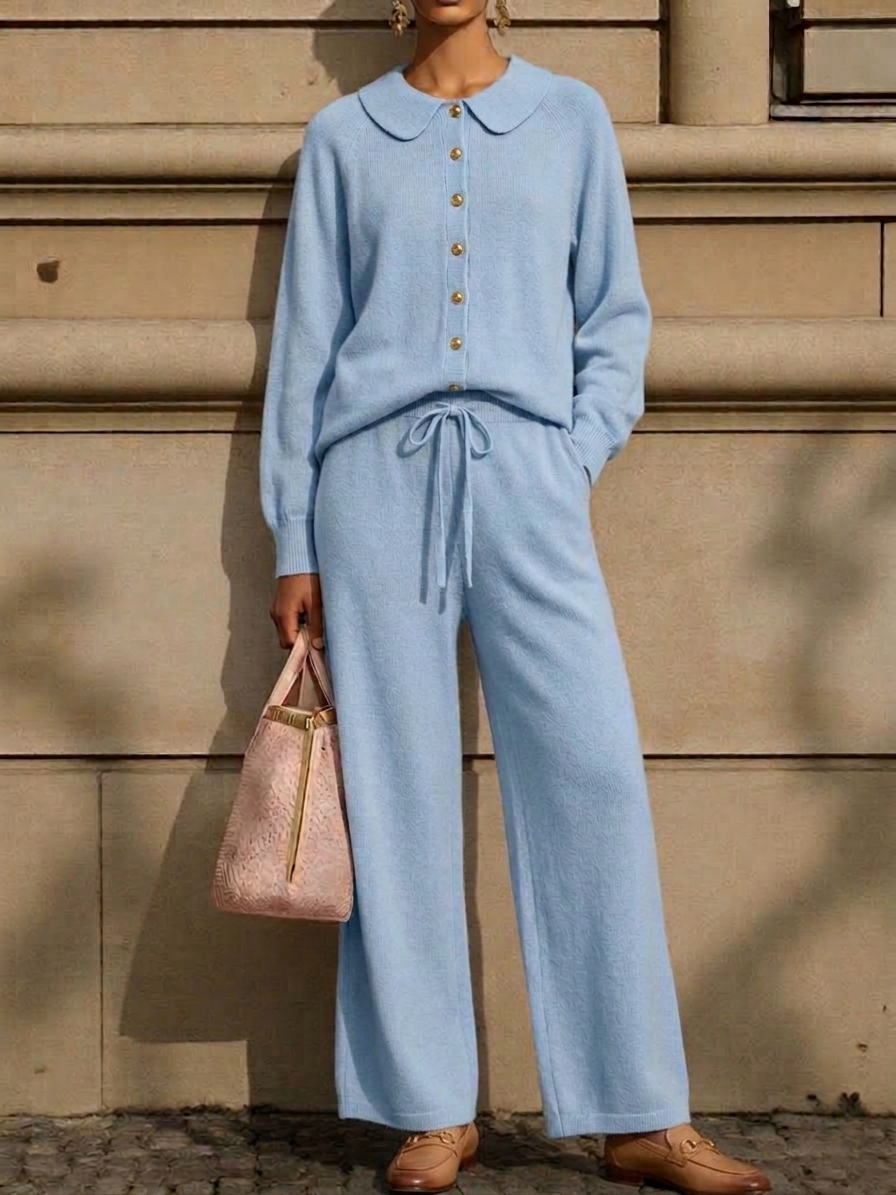 Blue color option, matching cardigan and trousers