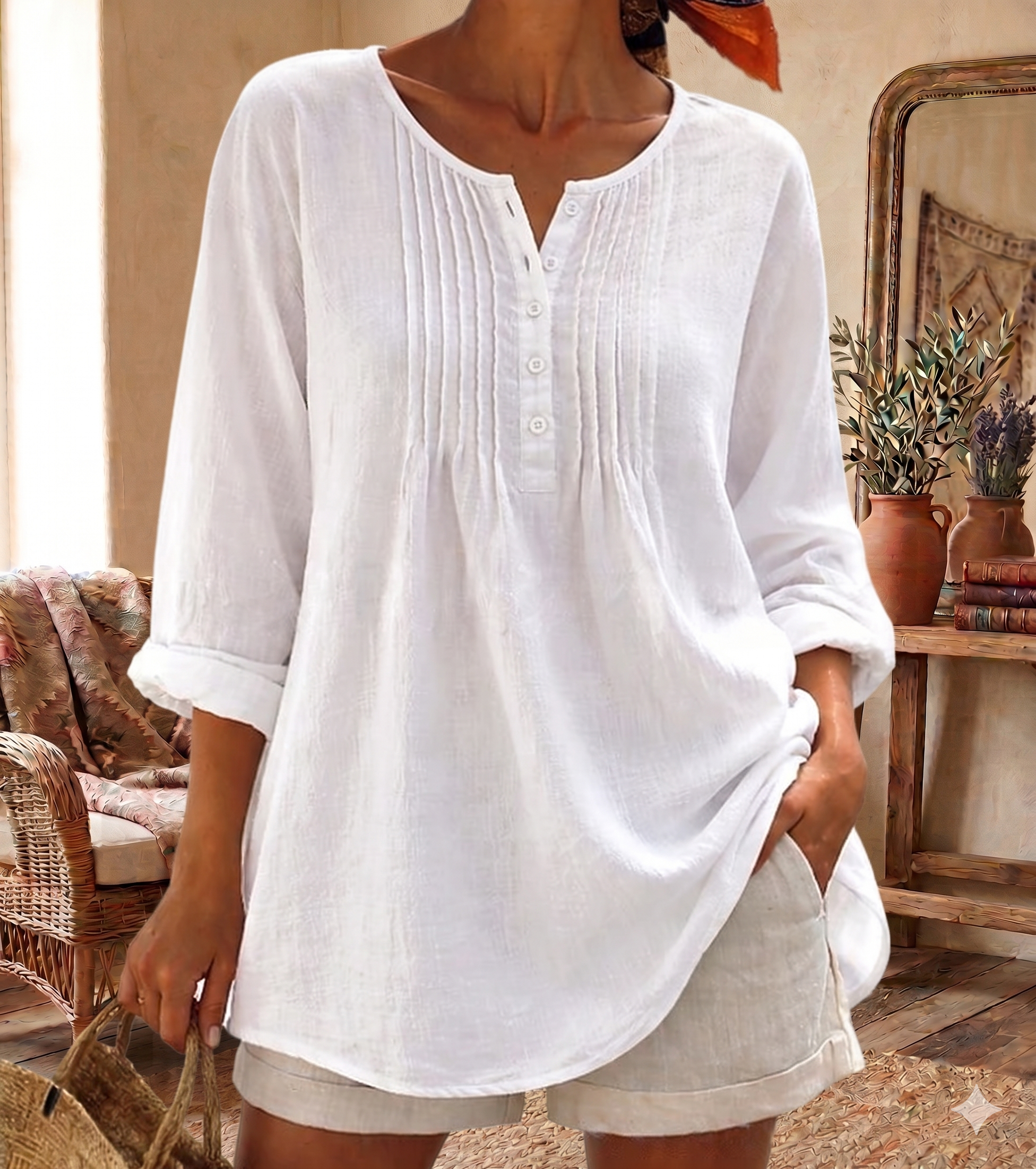 Women’s Pintuck Button-Front Linen-Blend Blouse  