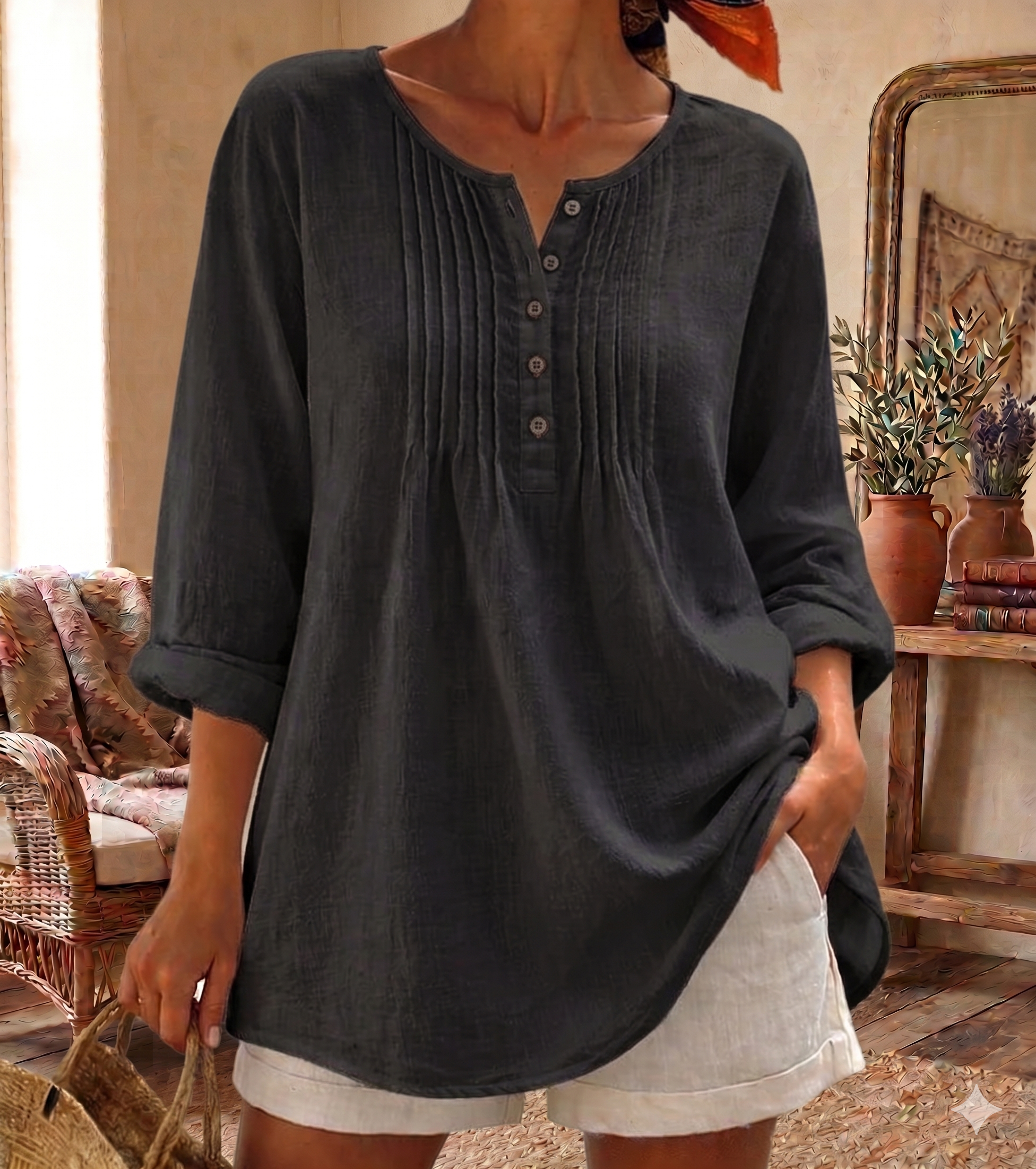 Women’s Pintuck Button-Front Linen-Blend Blouse  