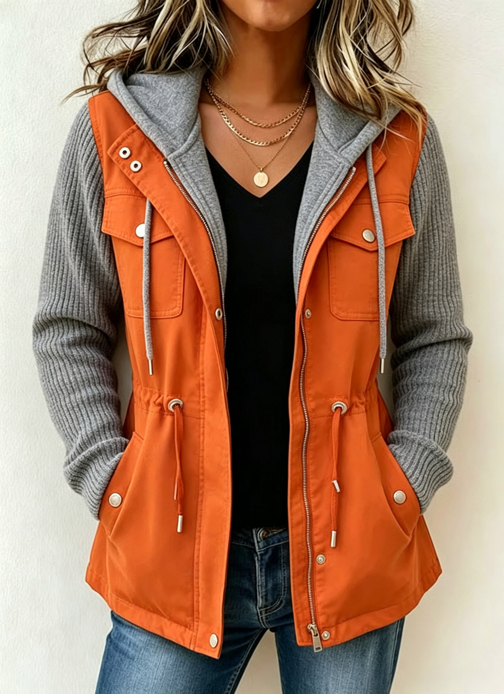 Drawstring Hooded Contrast Sleeve Jacket product image 3