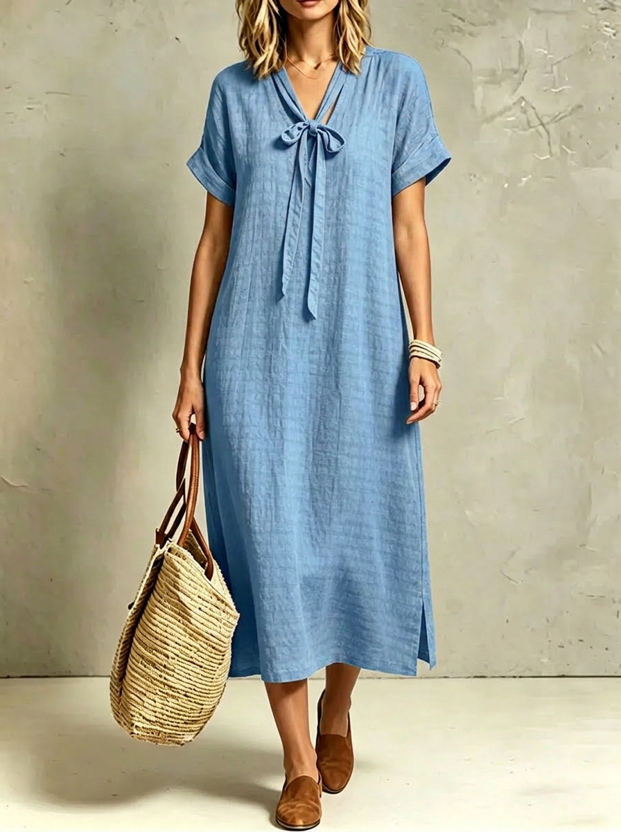 Women's Slits And Ruching Short-sleeve Tie-waist Dress