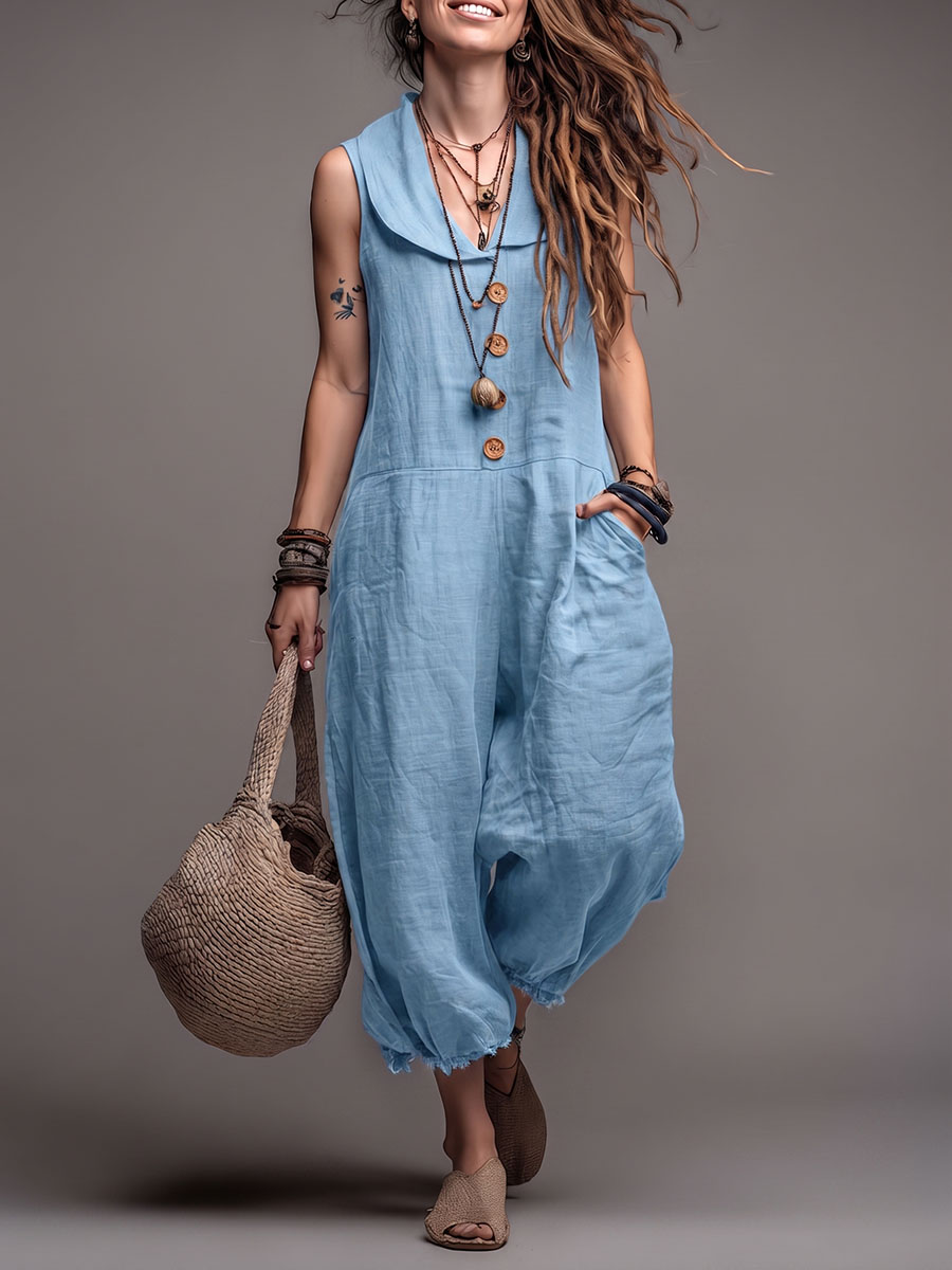 Women's Solid-color Sleeveless Wide-leg Jumpsuit With Peter Pan Collar — Casual Loose-fit Cotton-linen Blend