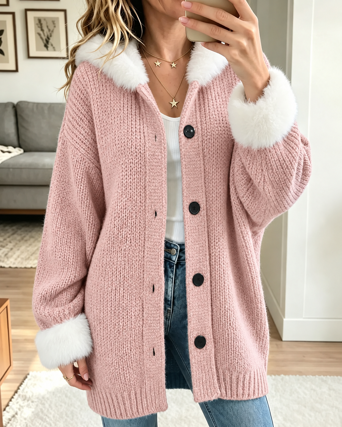 Women Faux Fur Collar Knit Cardigan, Button Down Loose Warm Sweater Coat for Fall Winter