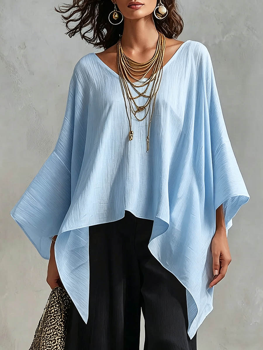 Women's Solid-color V-neck Long-sleeve Casual Loose Cotton-linen Top