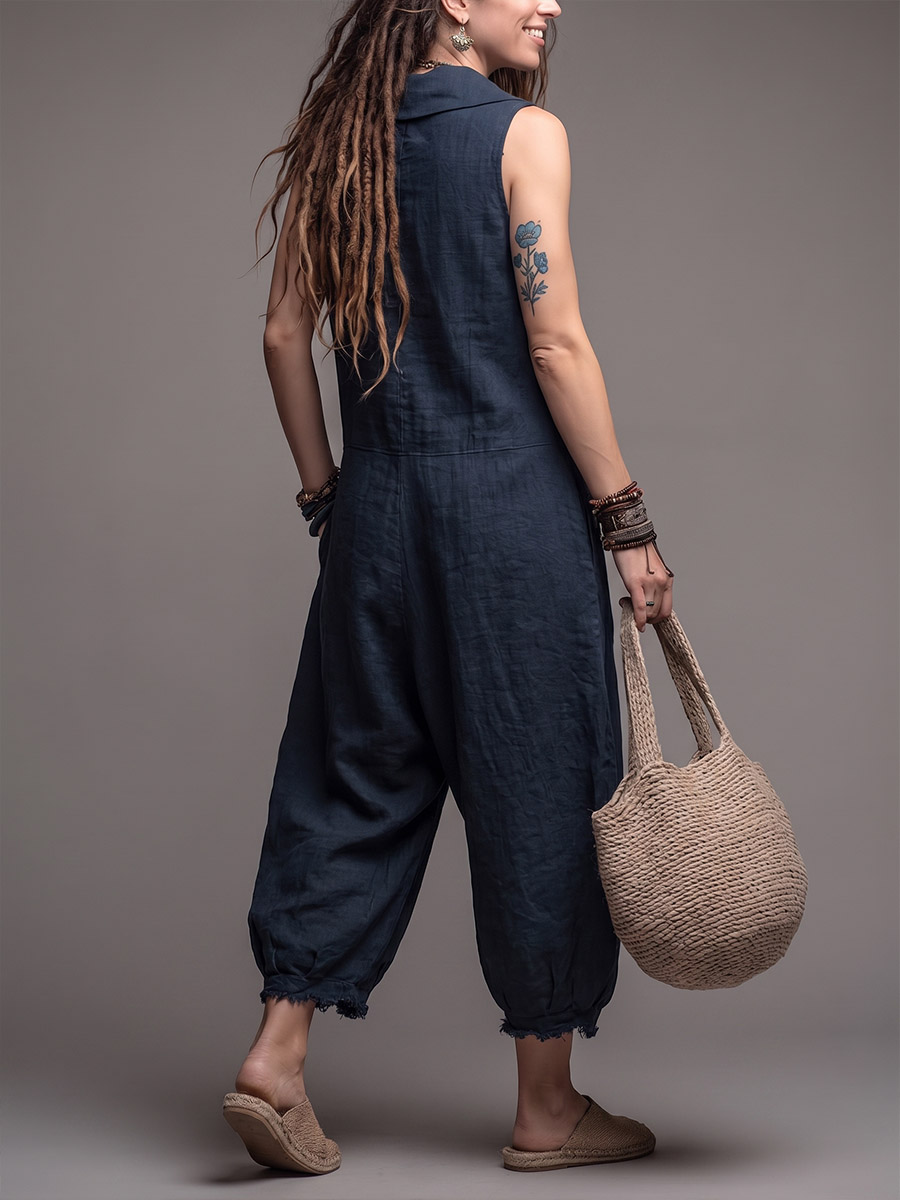 Women's Solid-color Sleeveless Wide-leg Jumpsuit With Peter Pan Collar — Casual Loose-fit Cotton-linen Blend