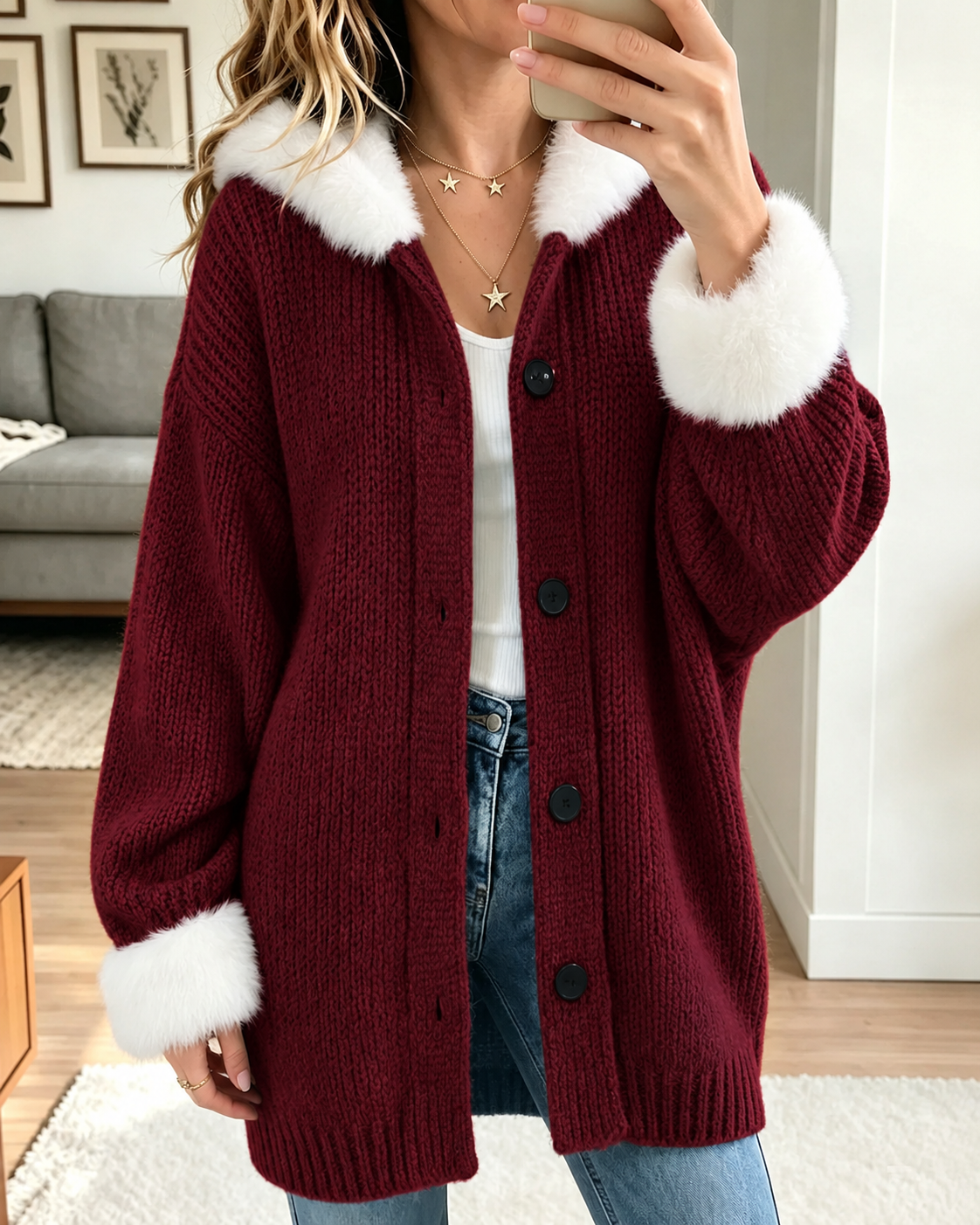 Women Faux Fur Collar Knit Cardigan, Button Down Loose Warm Sweater Coat for Fall Winter