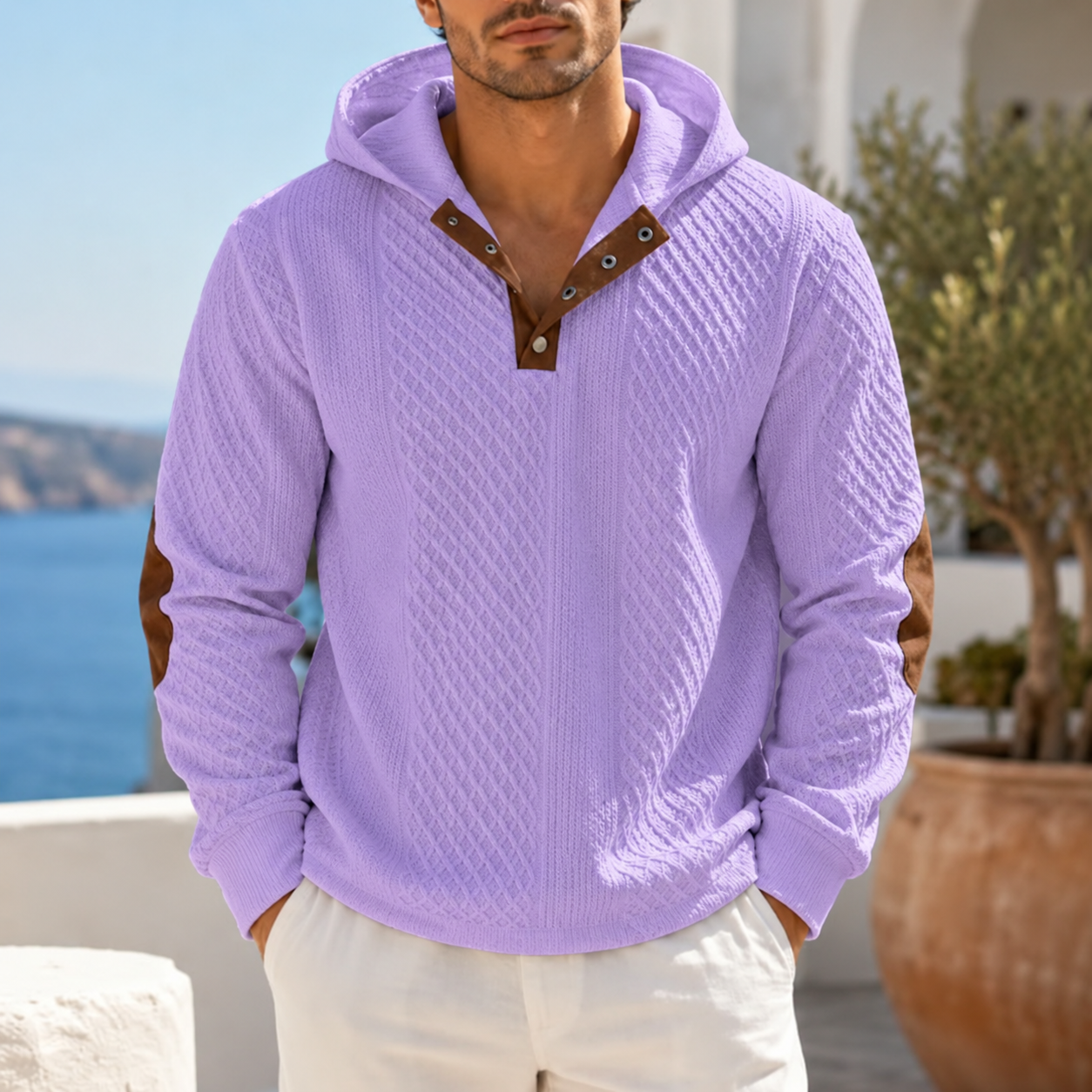 Men Textured Knit Hoodie Quarter Button Casual Sweater With Faux Leather Elbow Patches