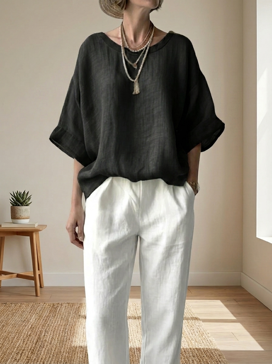 Women’s Oversized Drop-Shoulder Linen-Blend Blouse