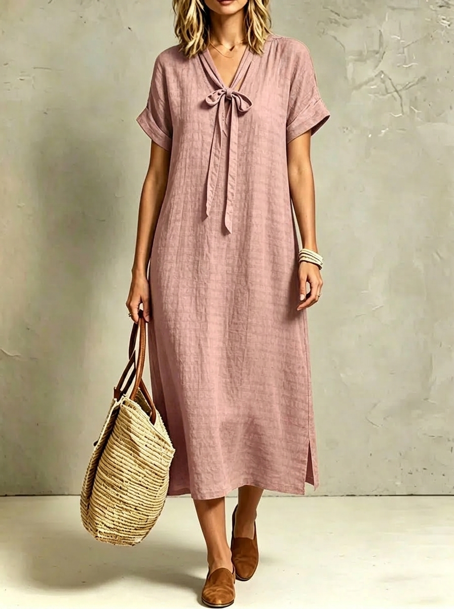 Women's Slits And Ruching Short-sleeve Tie-waist Dress