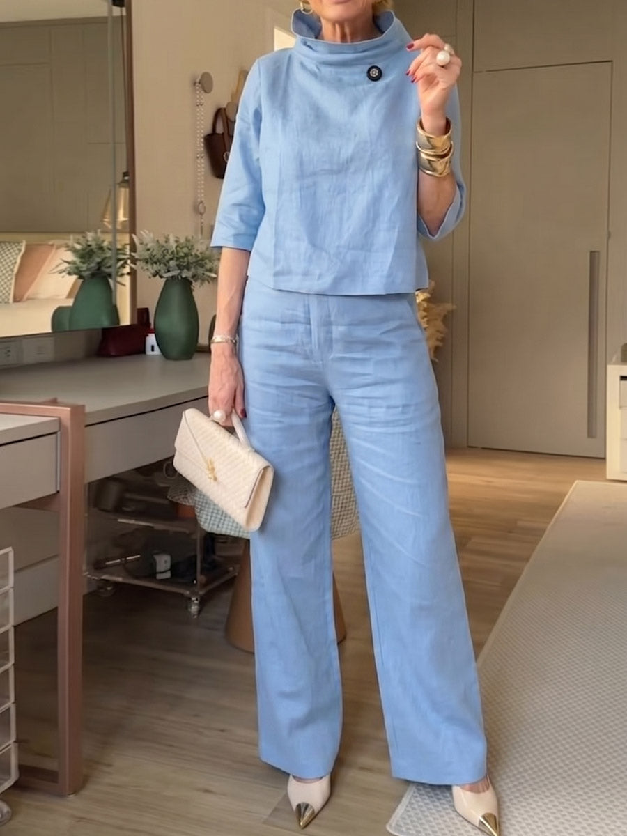 Women's Solid-color Stand-collar 3/4-sleeve Casual Loose Cotton-linen Top & High-waisted Wide-leg Pants Set