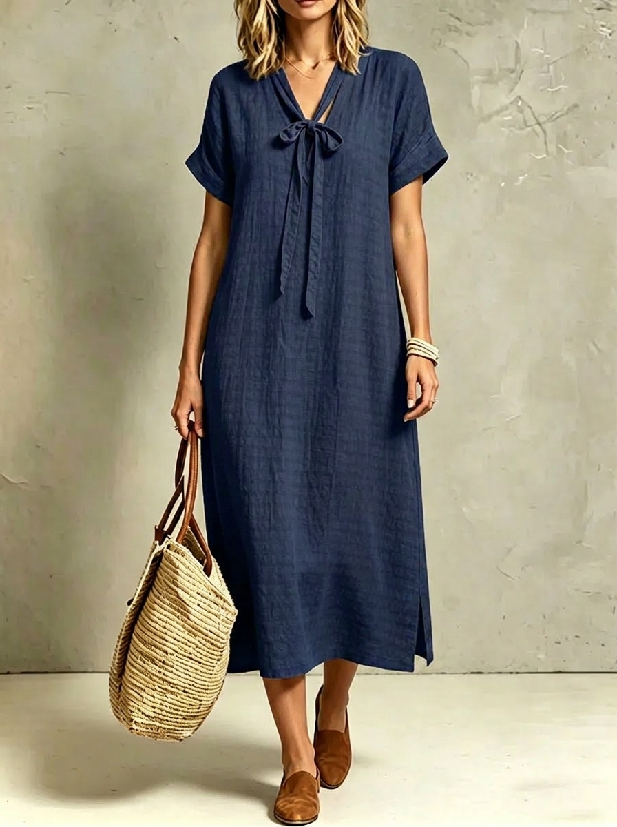 Women's Slits And Ruching Short-sleeve Tie-waist Dress