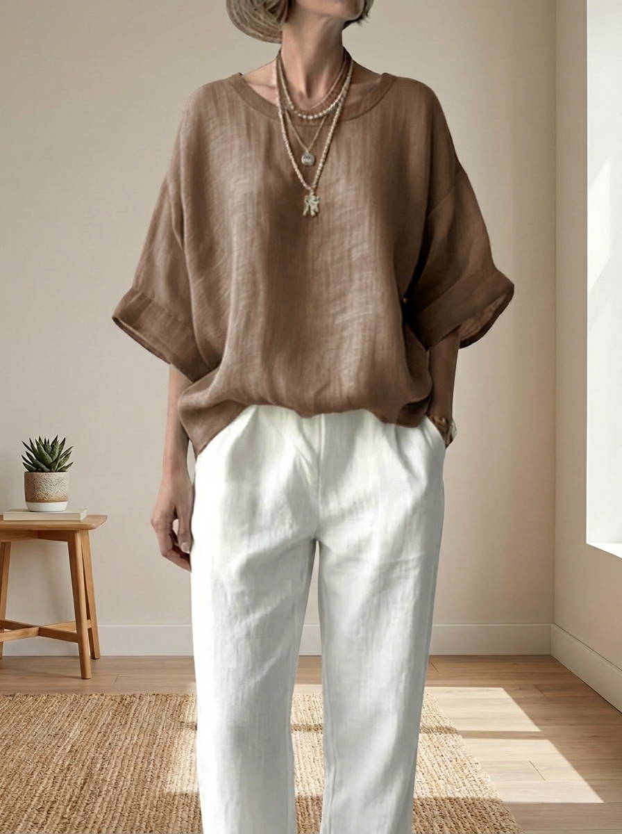 Women’s Oversized Drop-Shoulder Linen-Blend Blouse
