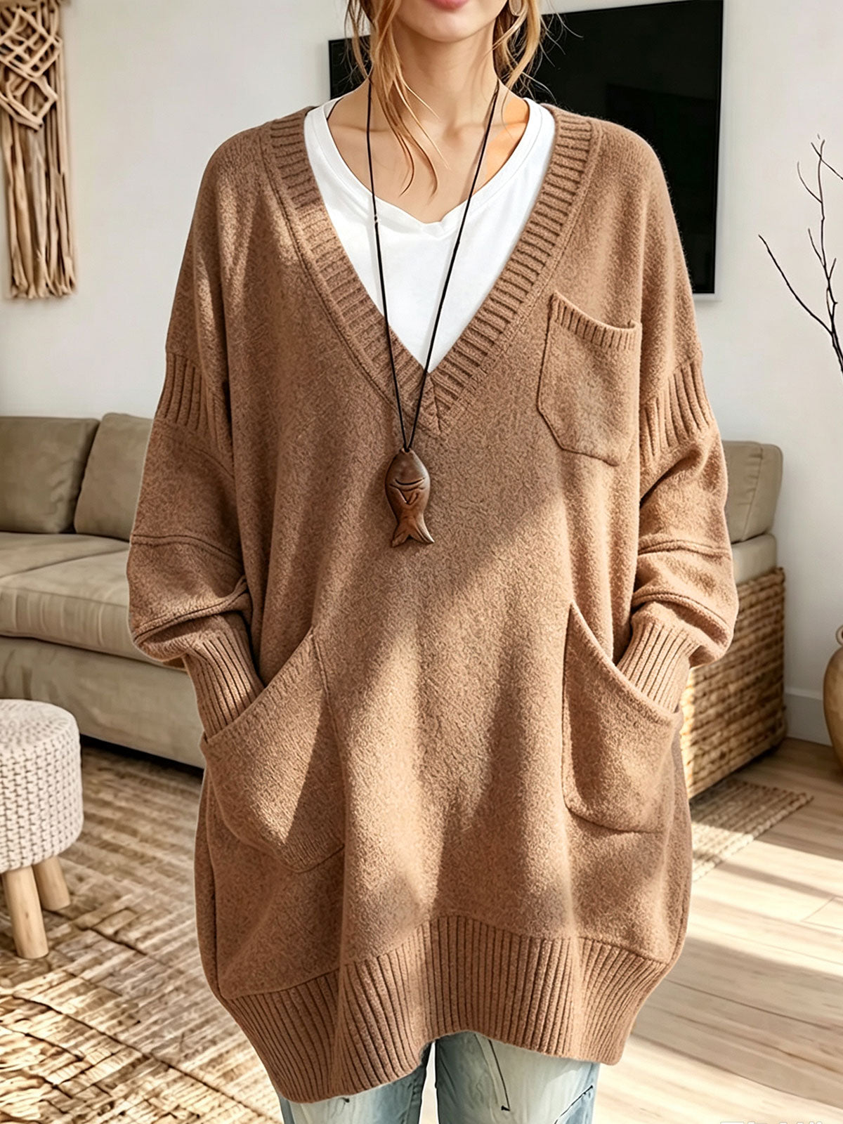 Women's Oversized V-Neck Multi-Pocket Long Knit Sweater product image 5