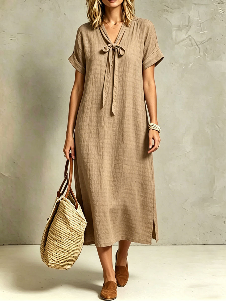 Women's Slits And Ruching Short-sleeve Tie-waist Dress