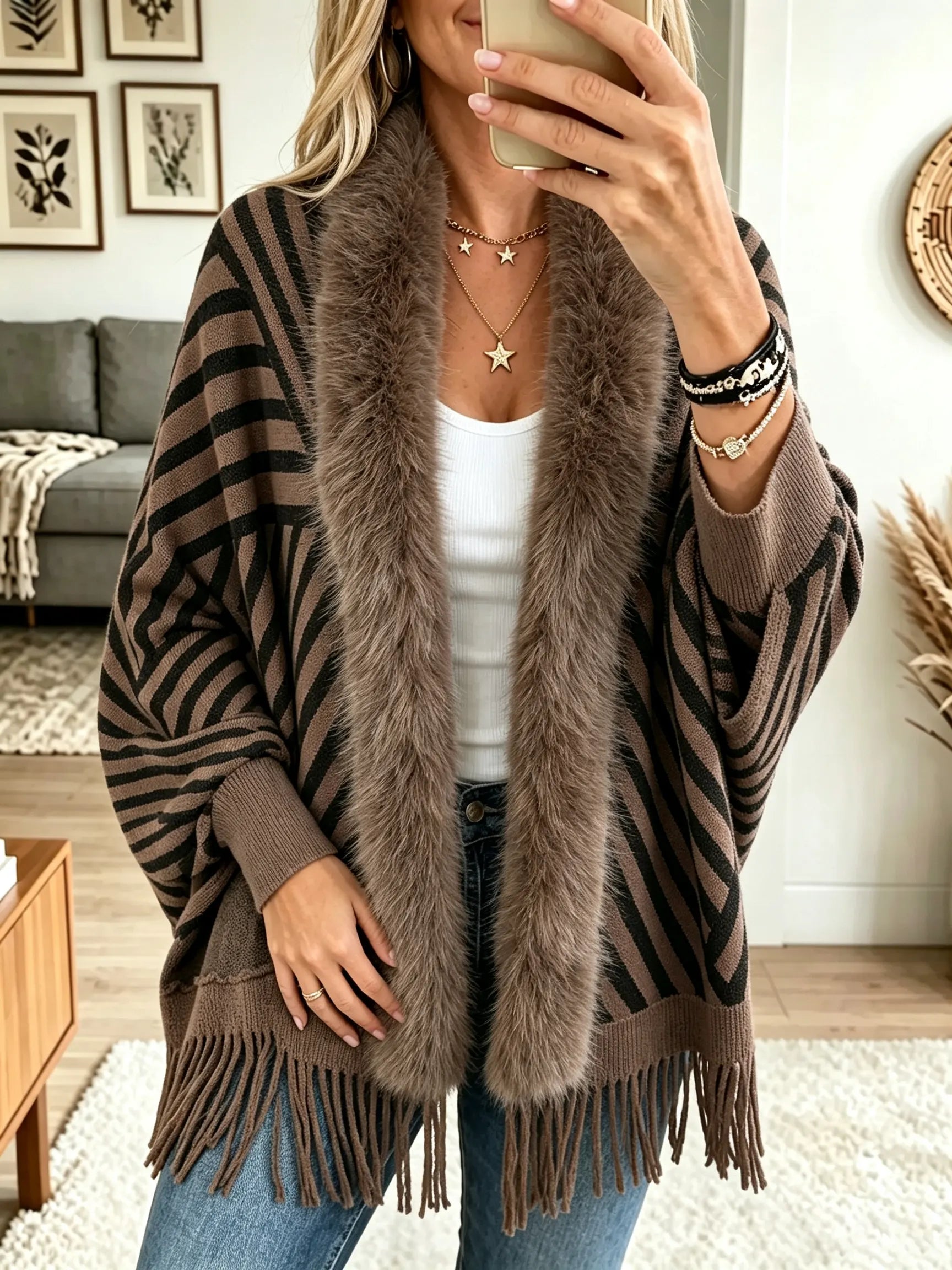 Highland Stripe Faux-Fur Fringe Poncho - image 1