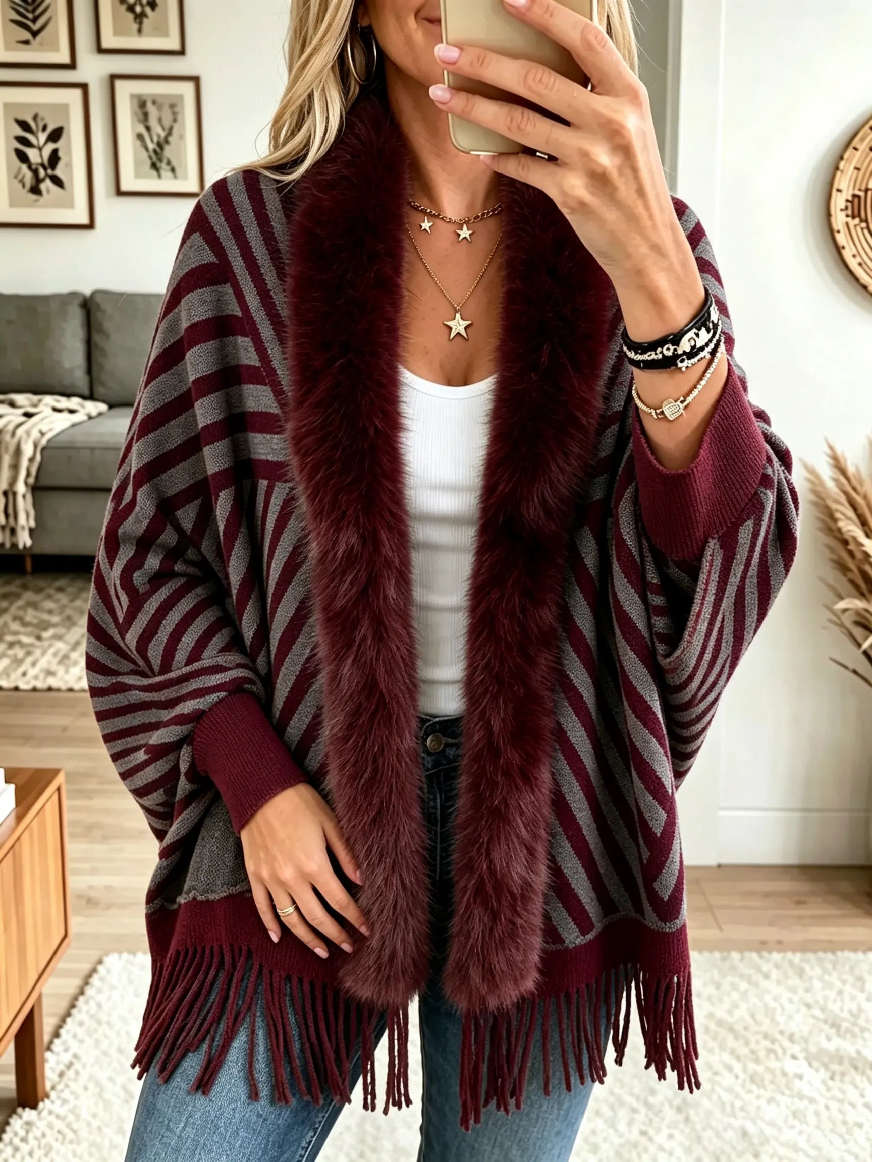 Highland Stripe Faux-Fur Fringe Poncho - image 3