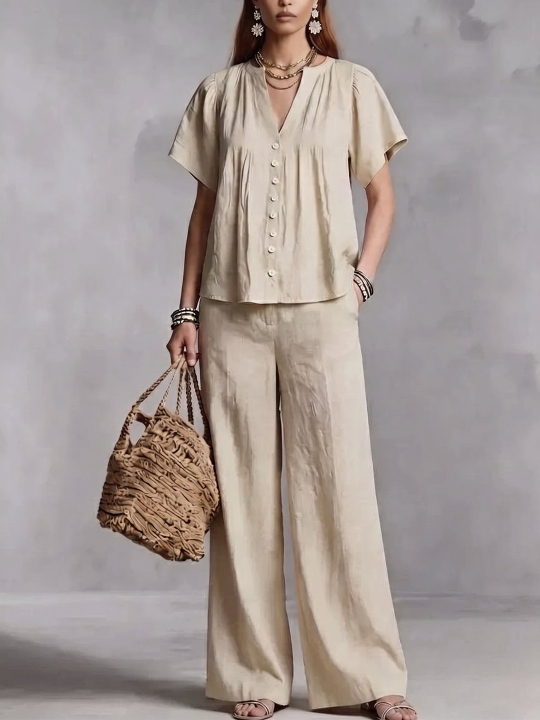 Limited-Time Offer: 49% OFF🔥 Women's Cotton-Linen V-Neck Casual Set for Beach Vacations