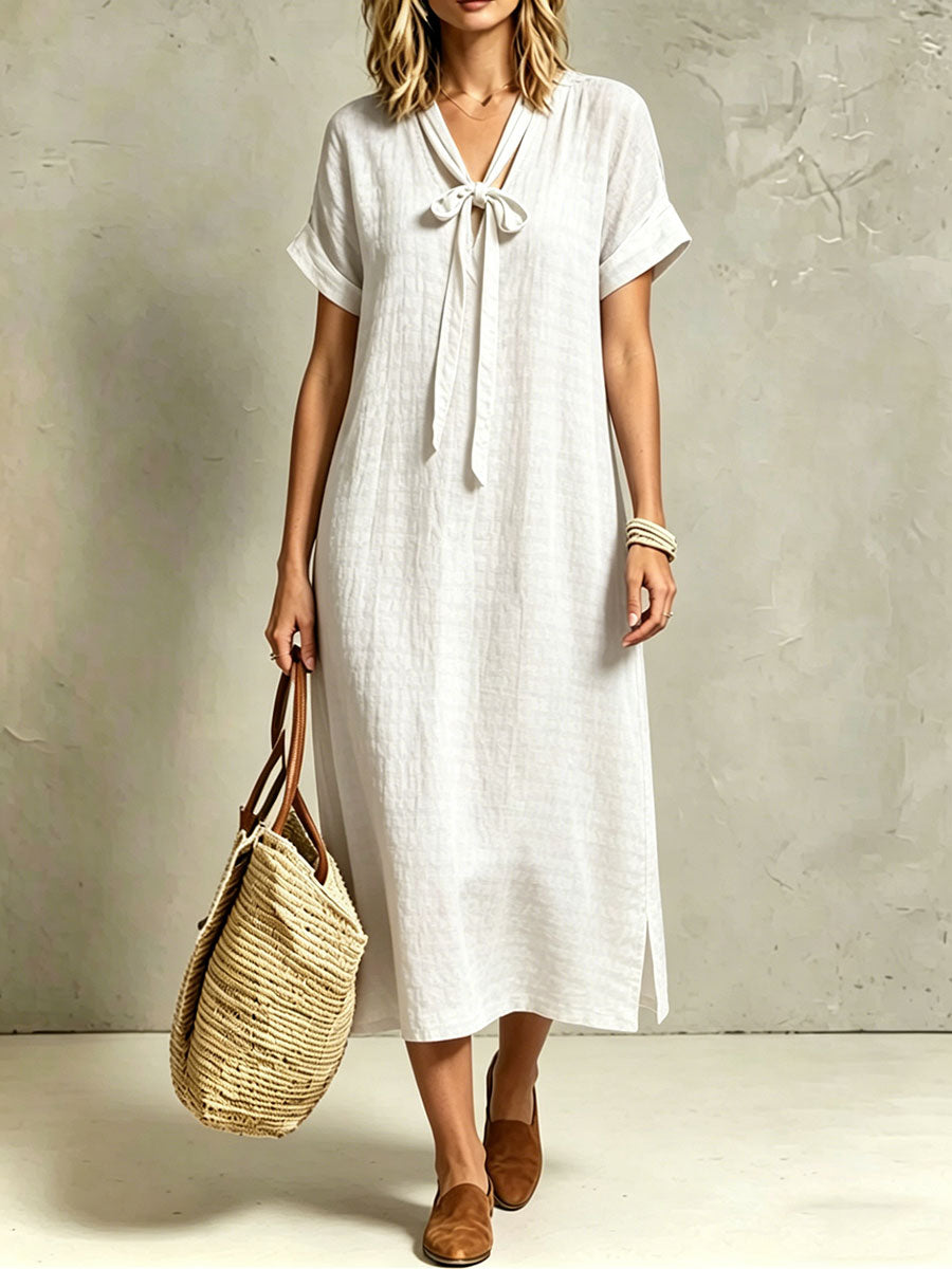 Women's Slits And Ruching Short-sleeve Tie-waist Dress