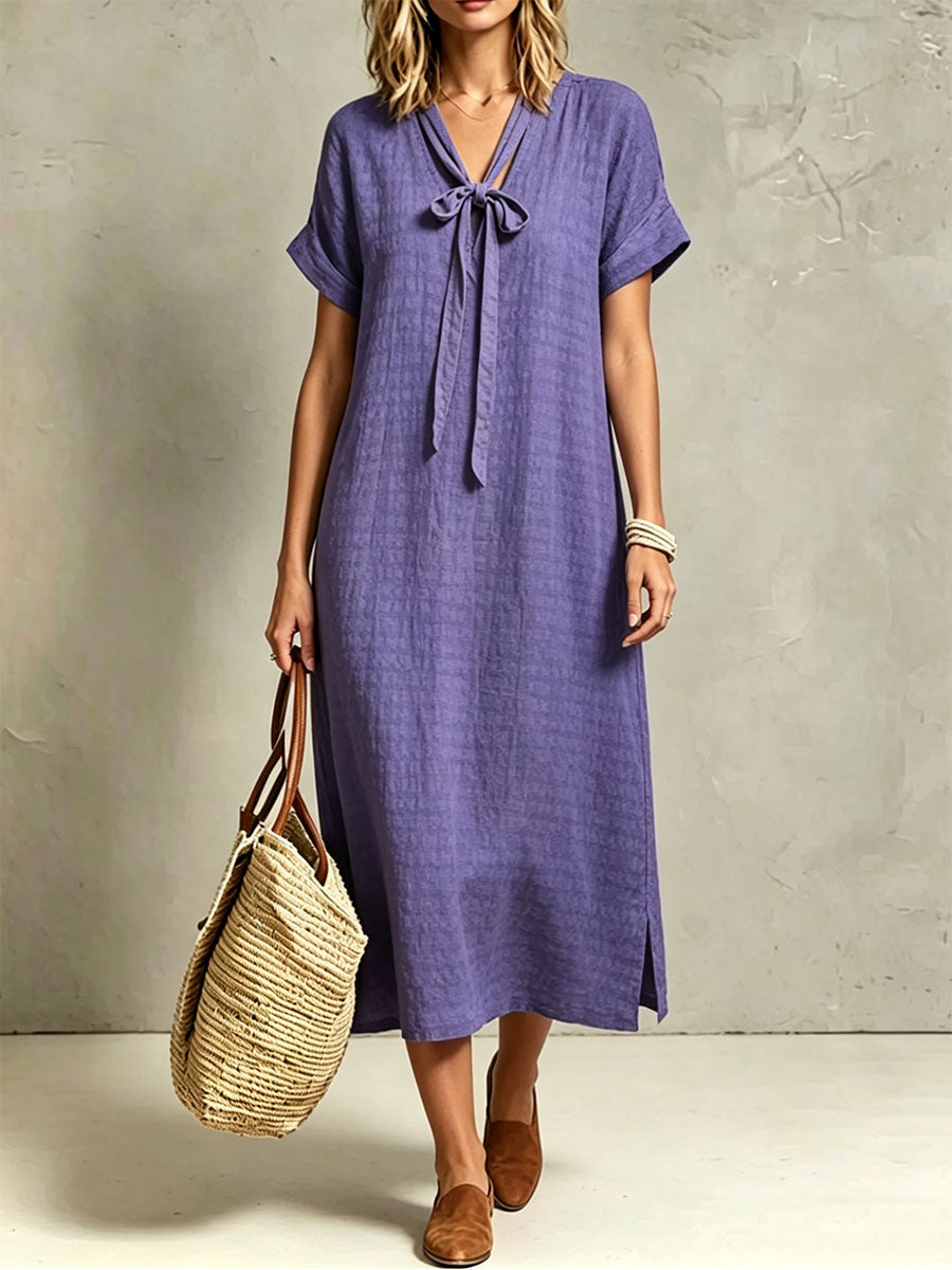 Women's Slits And Ruching Short-sleeve Tie-waist Dress