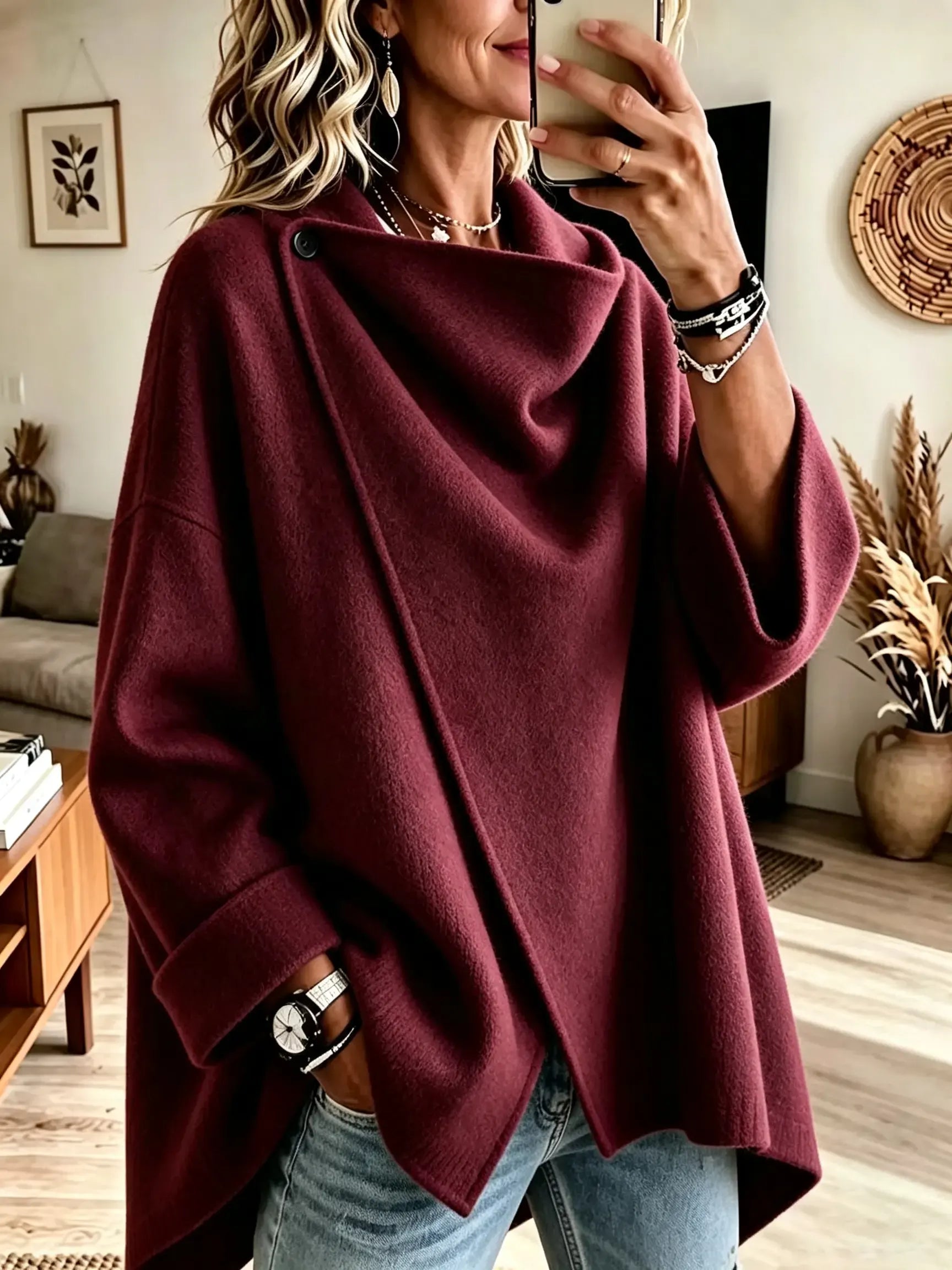 Women's Asymmetrical Button Wrap Collar Poncho product image 2