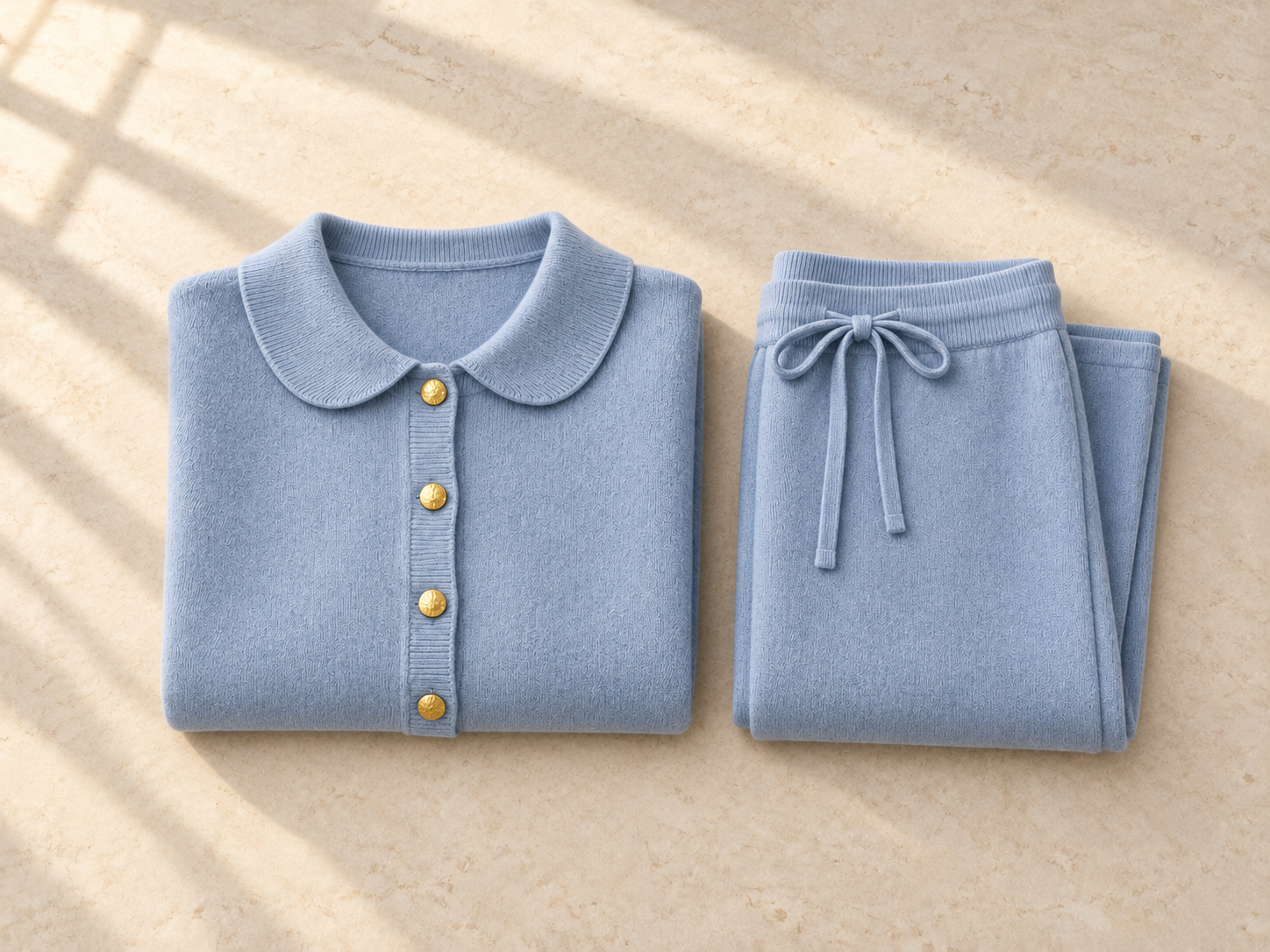 Powder-blue cardigan and matching drawstring trousers neatly folded as a set