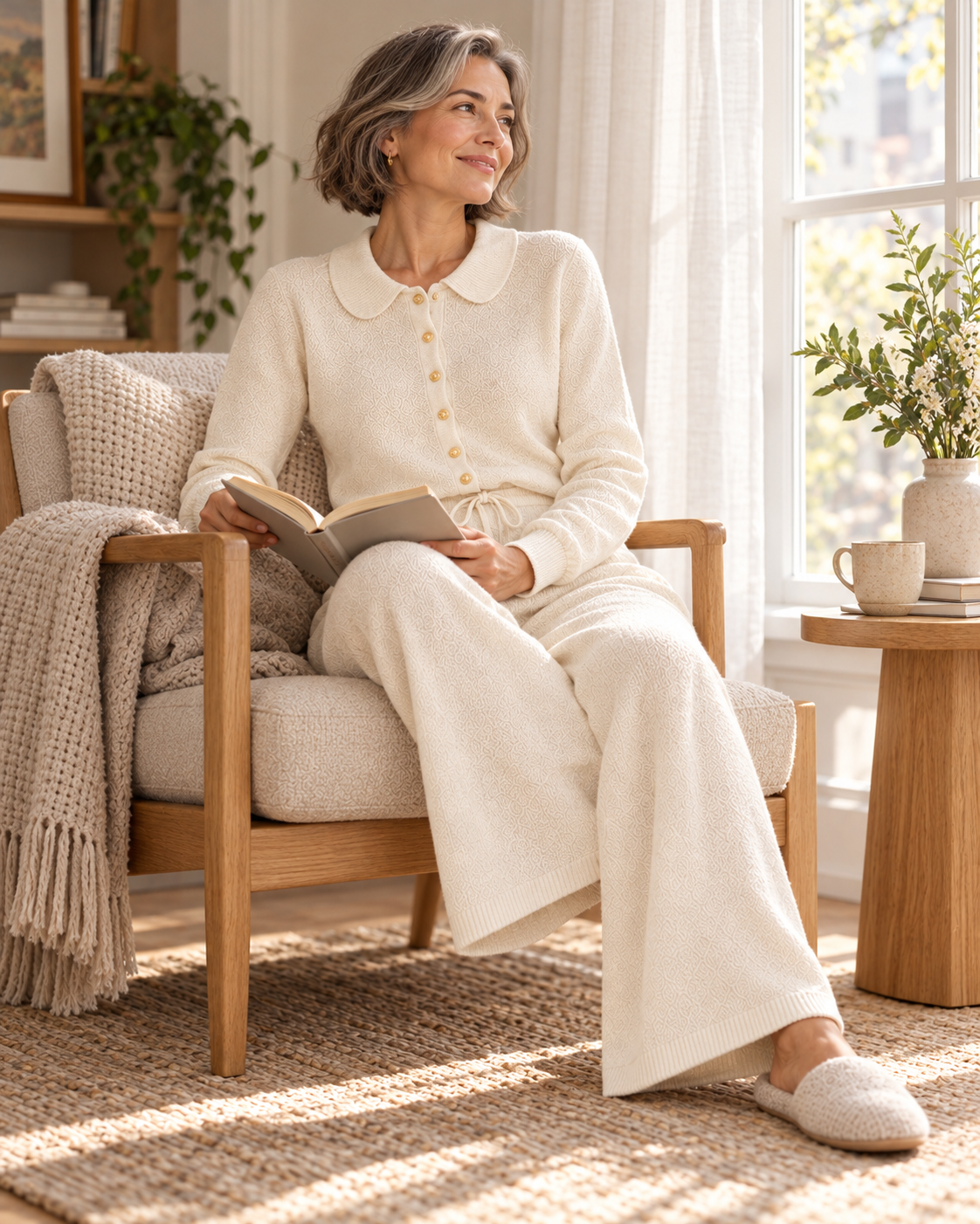 Woman reading by a bright window in an ivory knit set