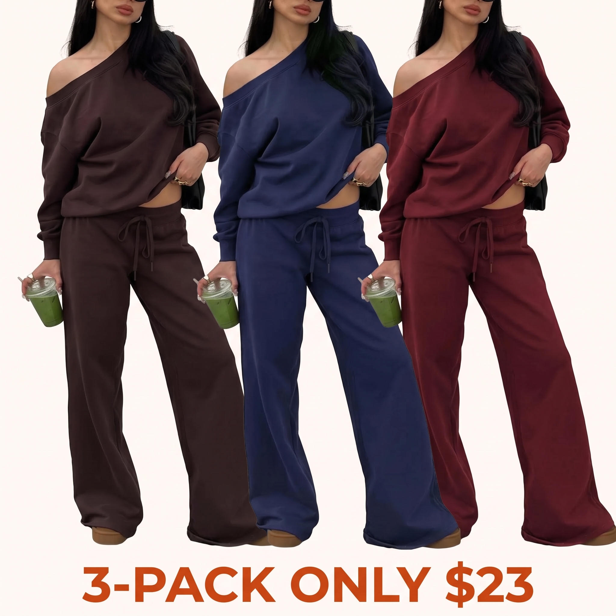 Women's off-shoulder long-sleeve top and trousers two-piece set