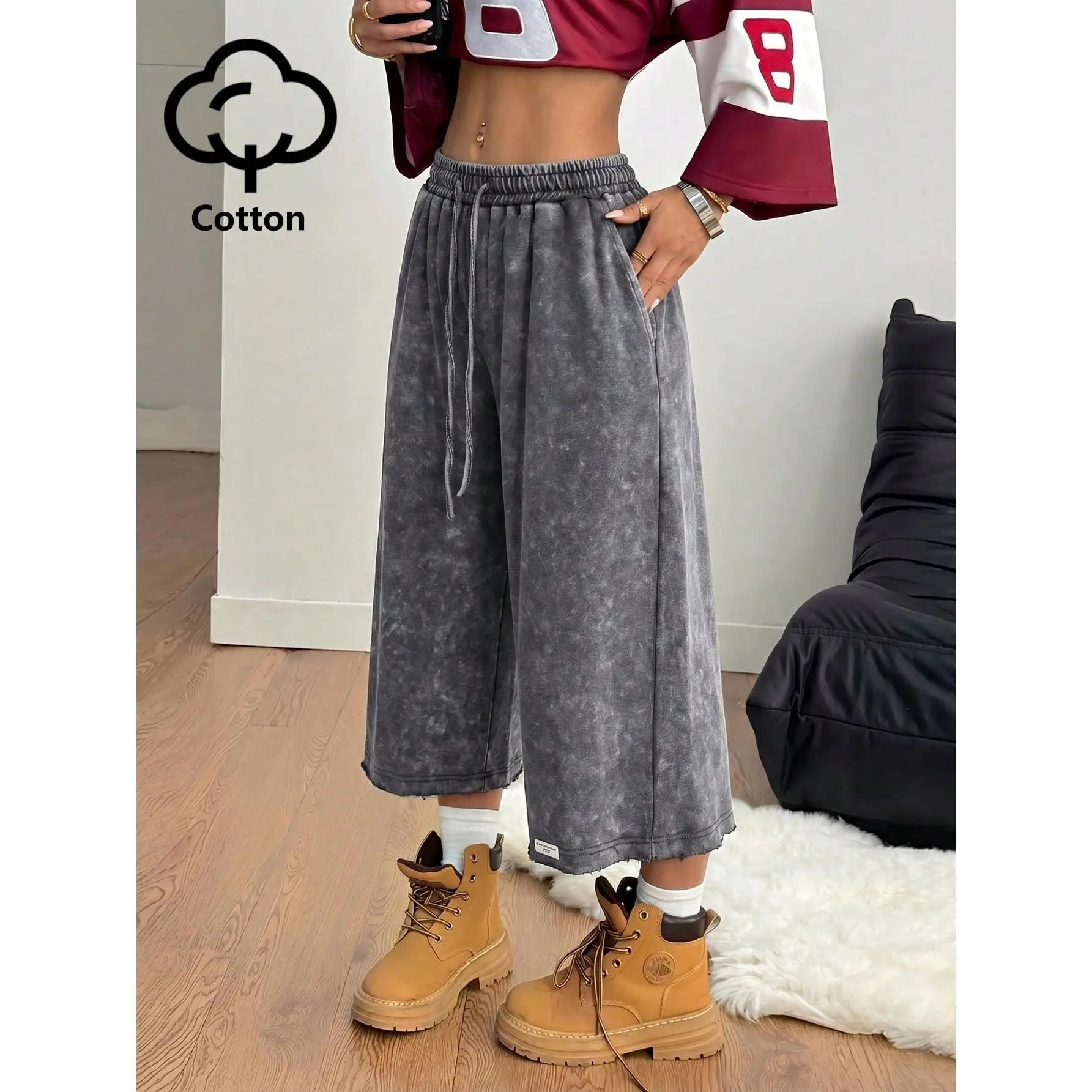 Wide-leg, loose-fit washed cropped pants (with pockets)