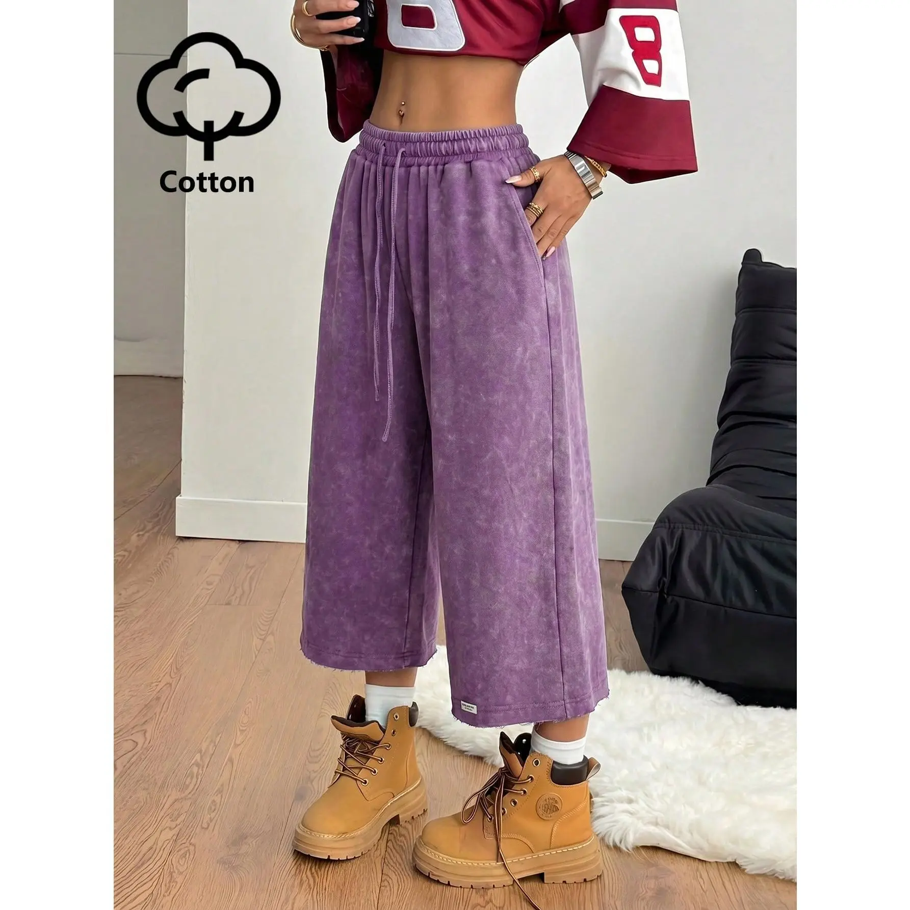 Wide-leg, loose-fit washed cropped pants (with pockets)