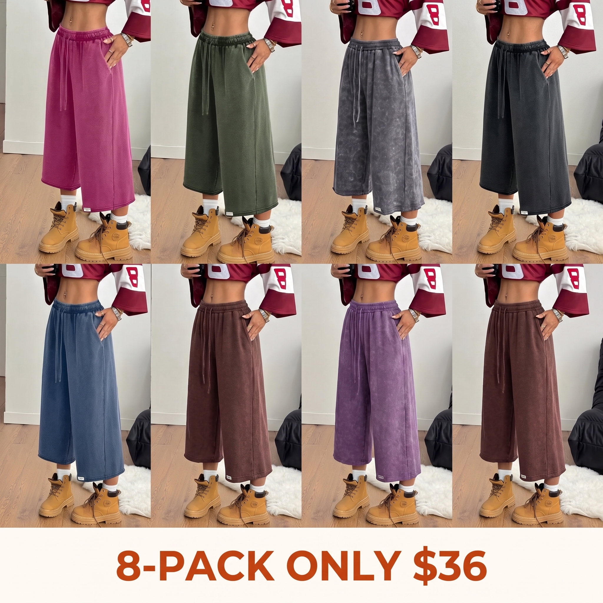 Wide-leg, loose-fit washed cropped pants (with pockets)