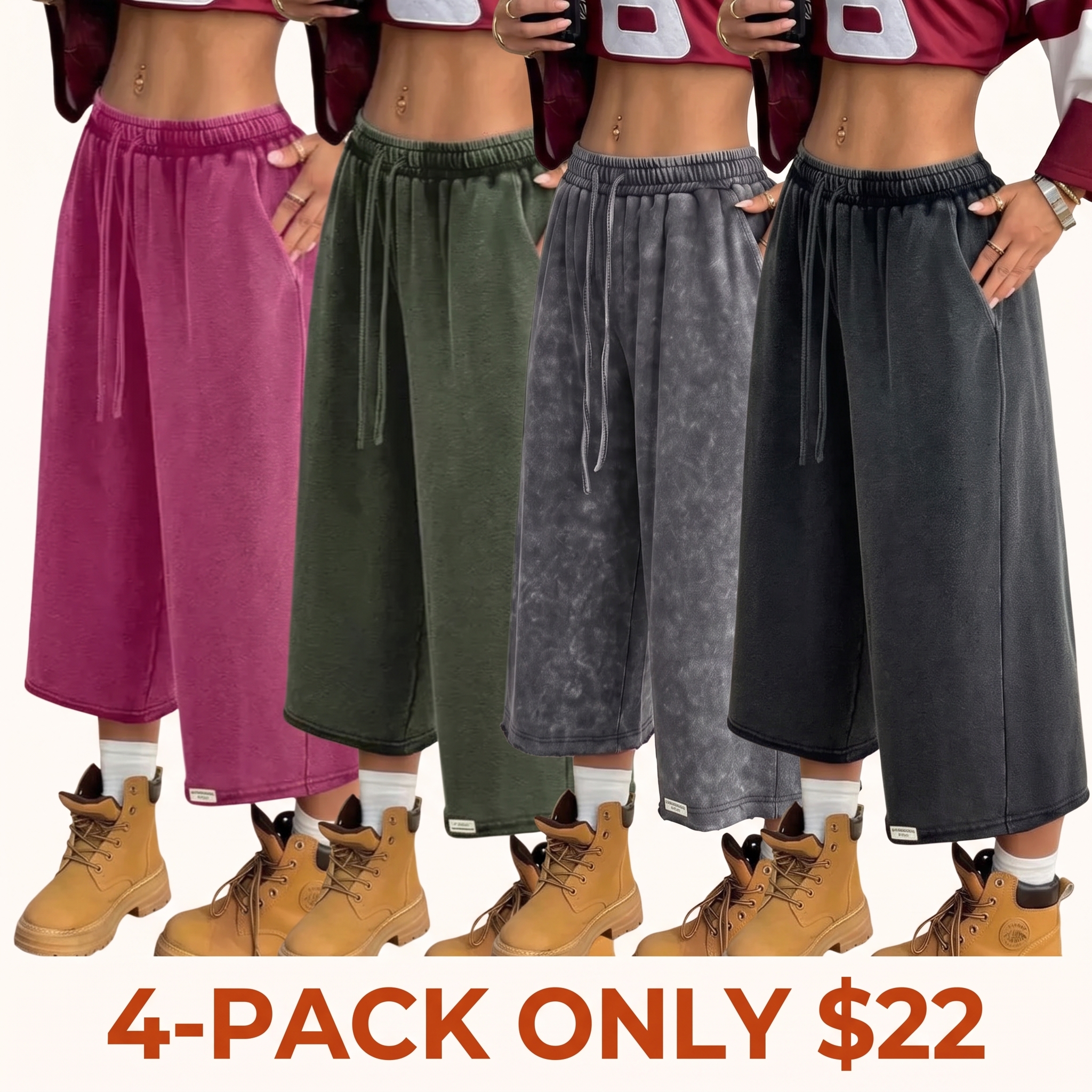 Wide-leg, loose-fit washed cropped pants (with pockets)