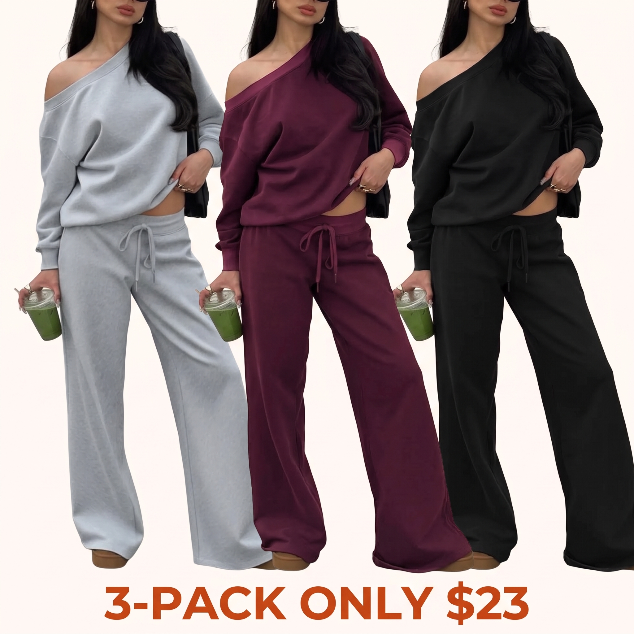Women's off-shoulder long-sleeve top and trousers two-piece set