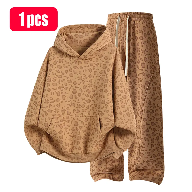 Men's All-Over Leopard Print Cotton Street-Style Two-Piece Set