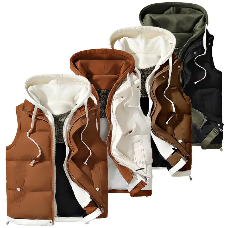 Autumn Winter Couple Hooded Warm Vest Fake Two-Piece Polyester