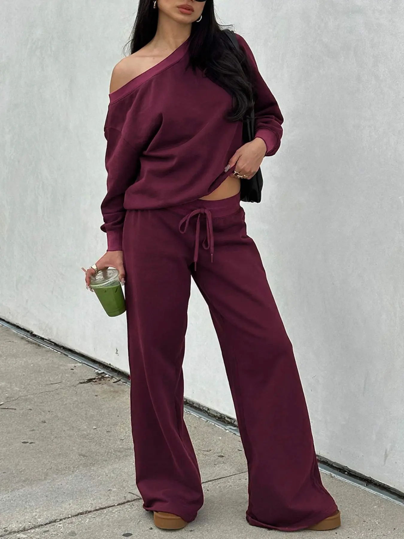Women's off-shoulder long-sleeve top and trousers two-piece set